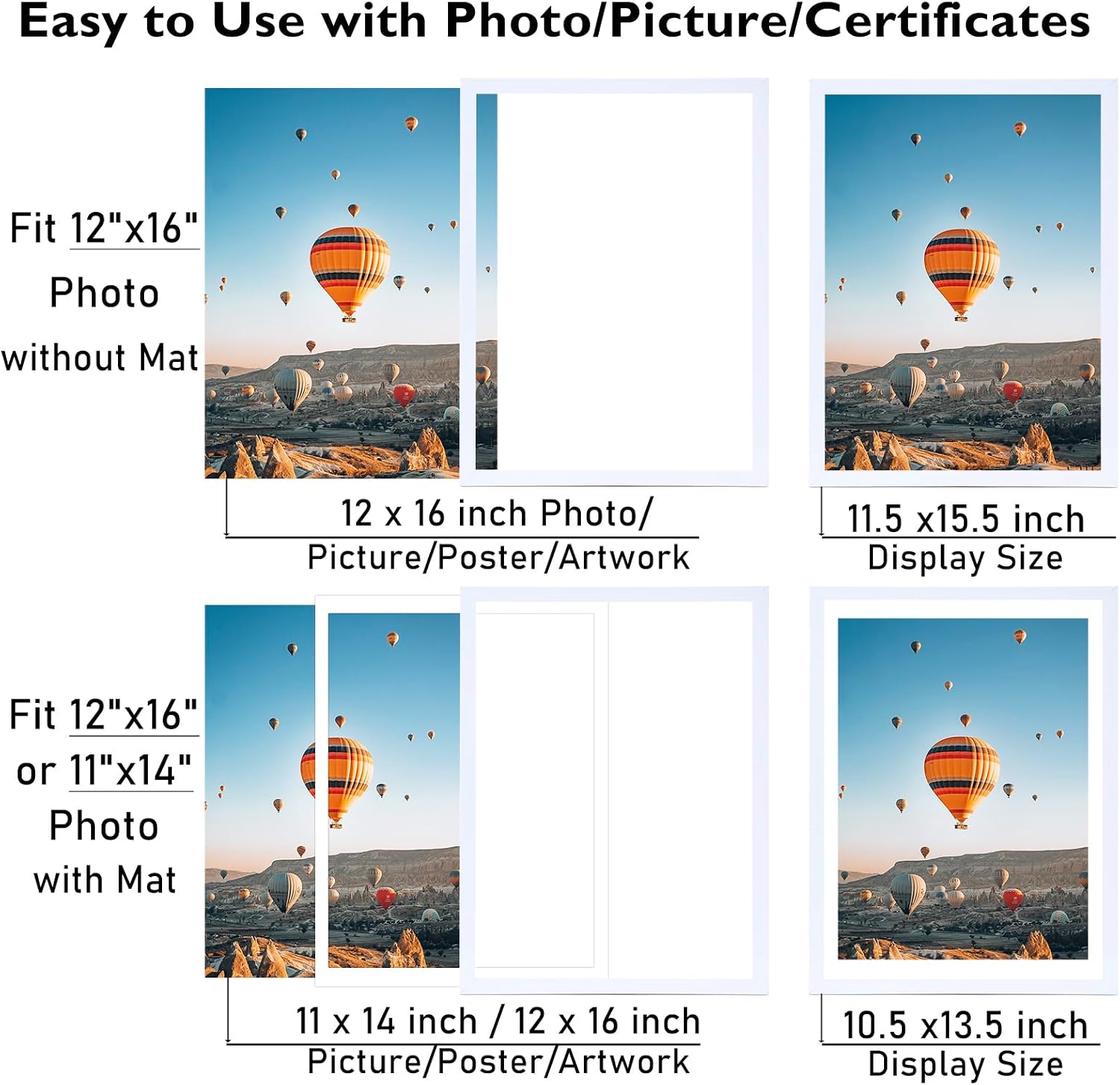 JCJMY 12x16 Picture Frame Set of 4 White with 11x14 Mat, Display Photo 11x14 with Mat or 12 x 16 Without Mat, Wall