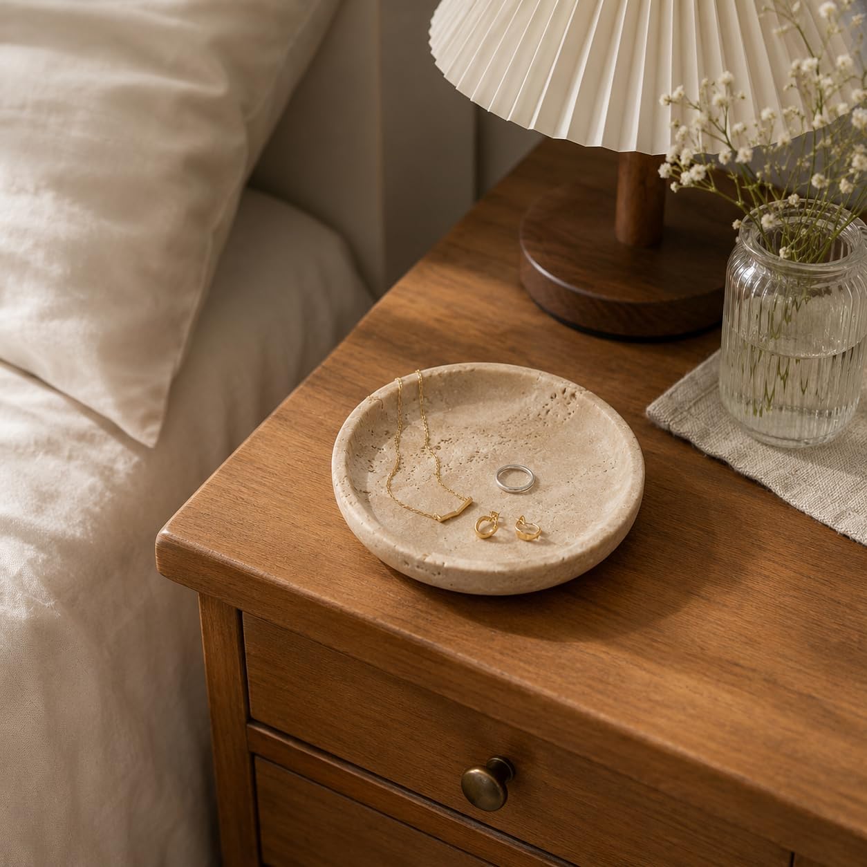 Small Natural Marble Jewelry Tray Key Plate Holder Dish Trinket Decor Catch All / Beige Travertine