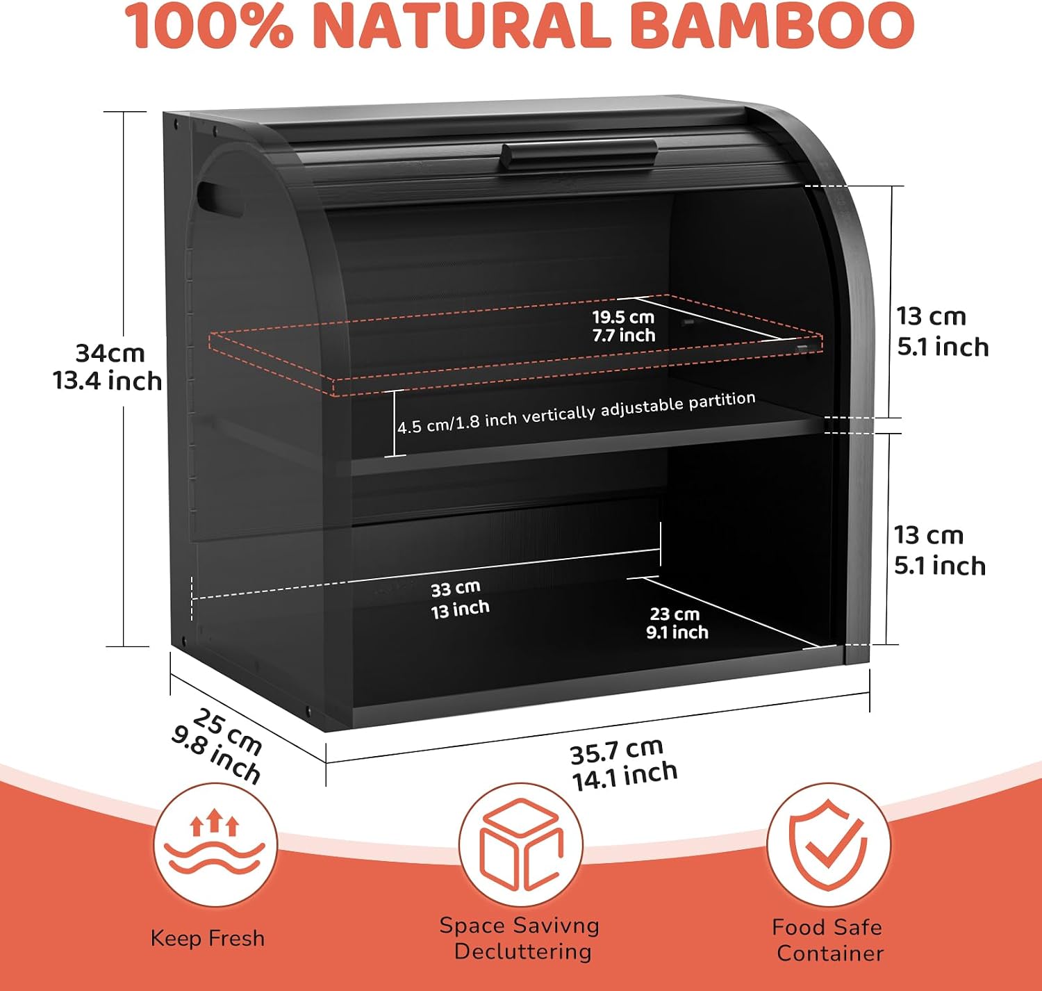 G.a HOMEFAVOR 2-Tier Bamboo Bread Box for Kitchen Counter, Black | Large Roll Top Bread Storage Container, Bread Holder