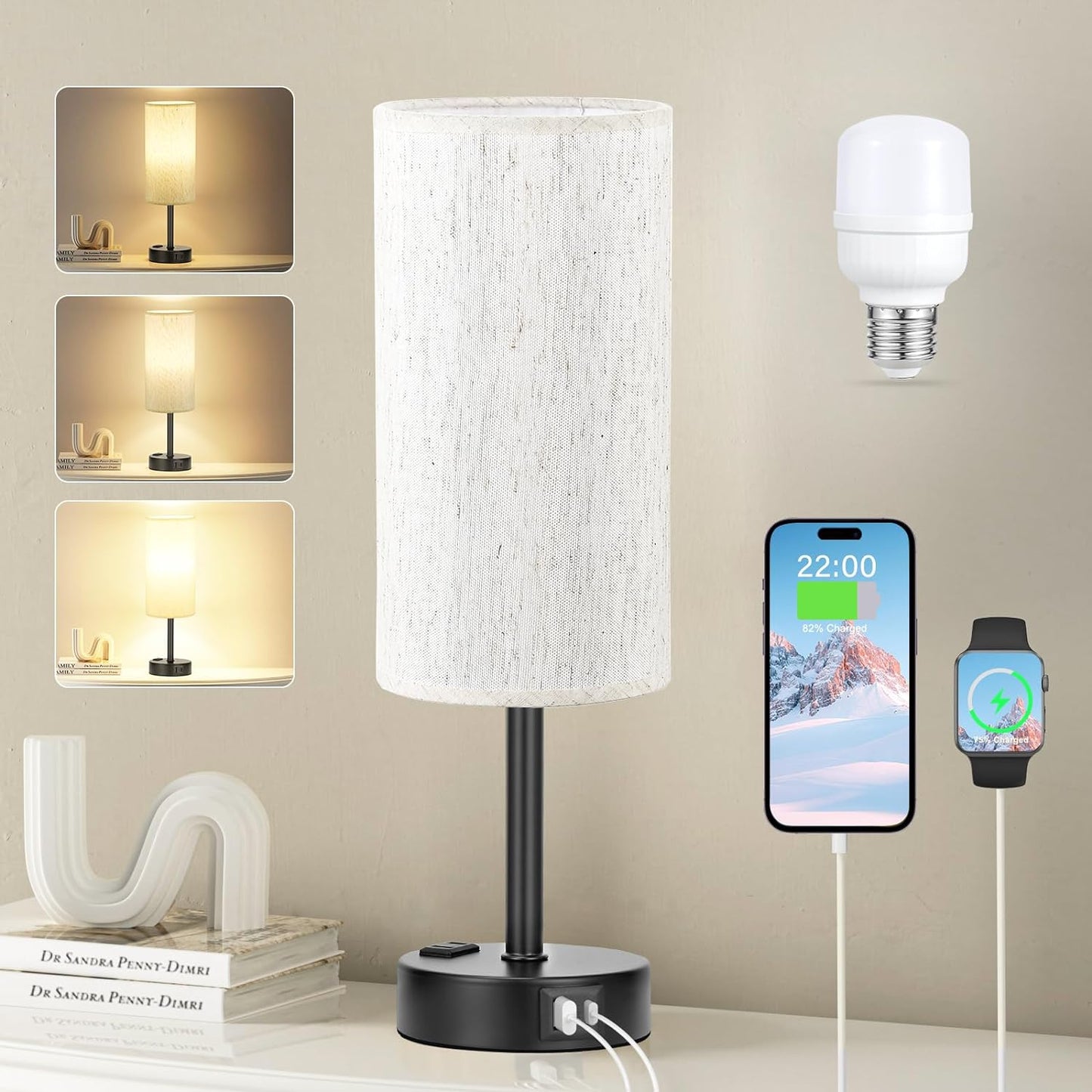 Fenmzee Turquoise Bedside Table Lamp, Dimmable Touch, USB A+C, AC Outlet