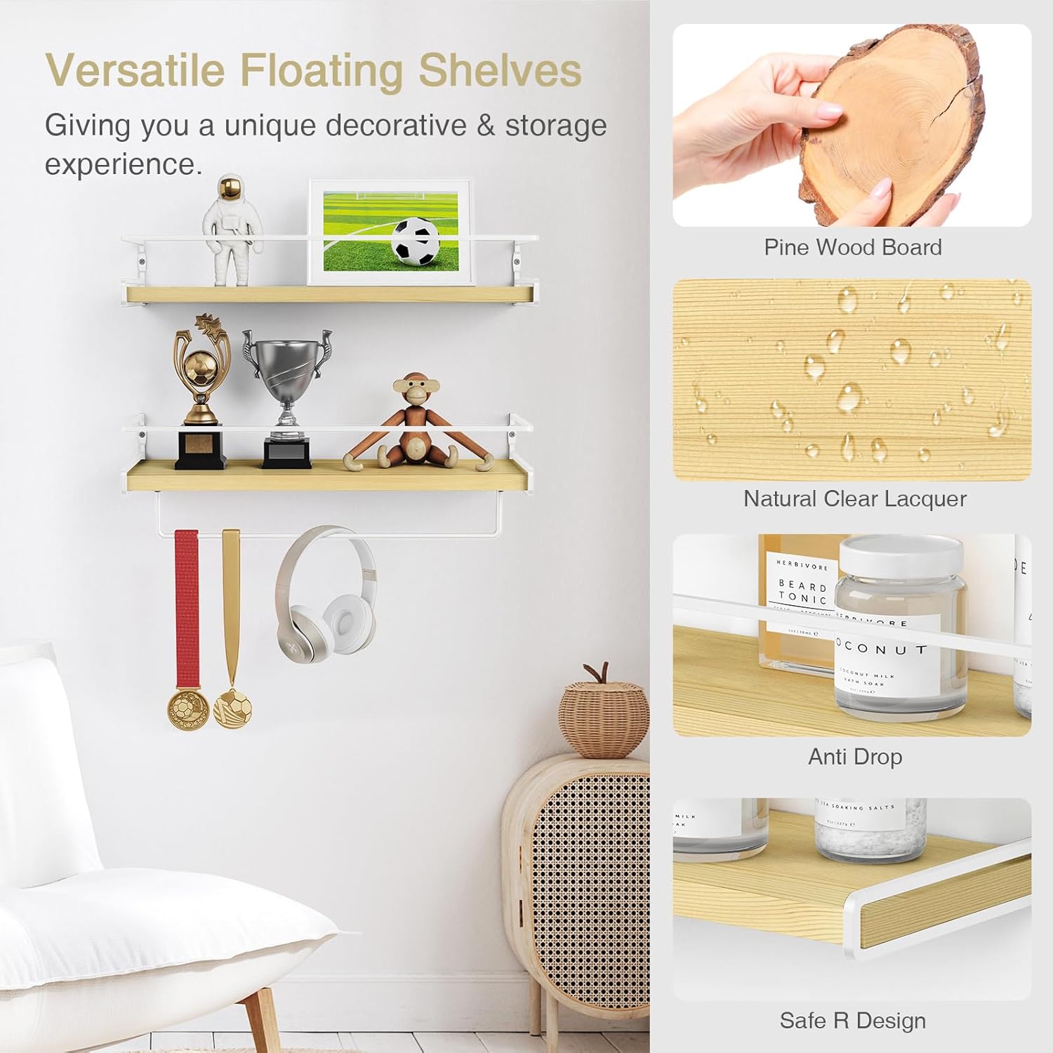 Forbena Floating Shelves for Wall with Rail, White and Natural Wood Nursery Book Shelves for Baby Girls Boys Kids Room