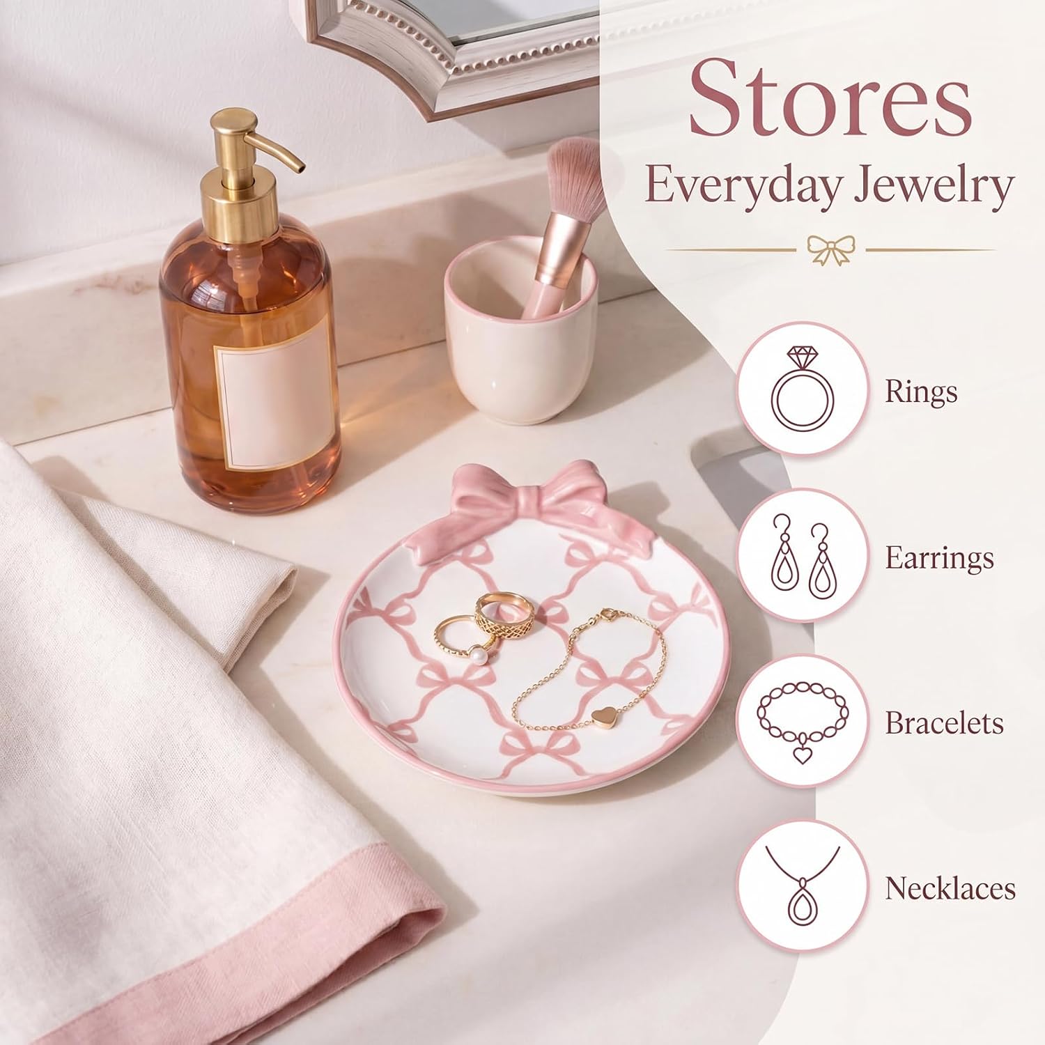 Bow Ceramic Jewelry Tray Coquette Ring Holder Trinket Dish for Rings Earrings Necklaces Bow / Pink