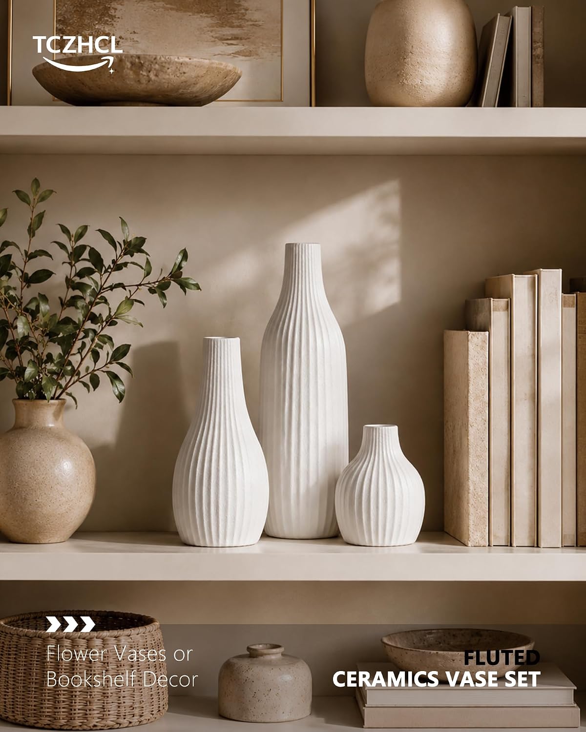 Minimal Line Ceramic Vase / White / Set of 3