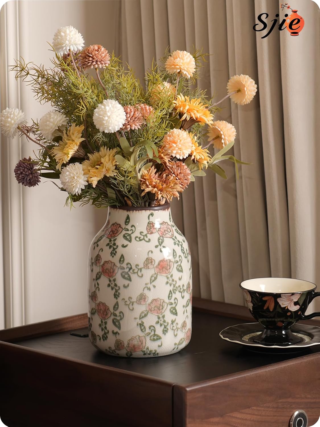 Vintage Ceramic Vase / Beige and Red-002 / 7.8 Inch