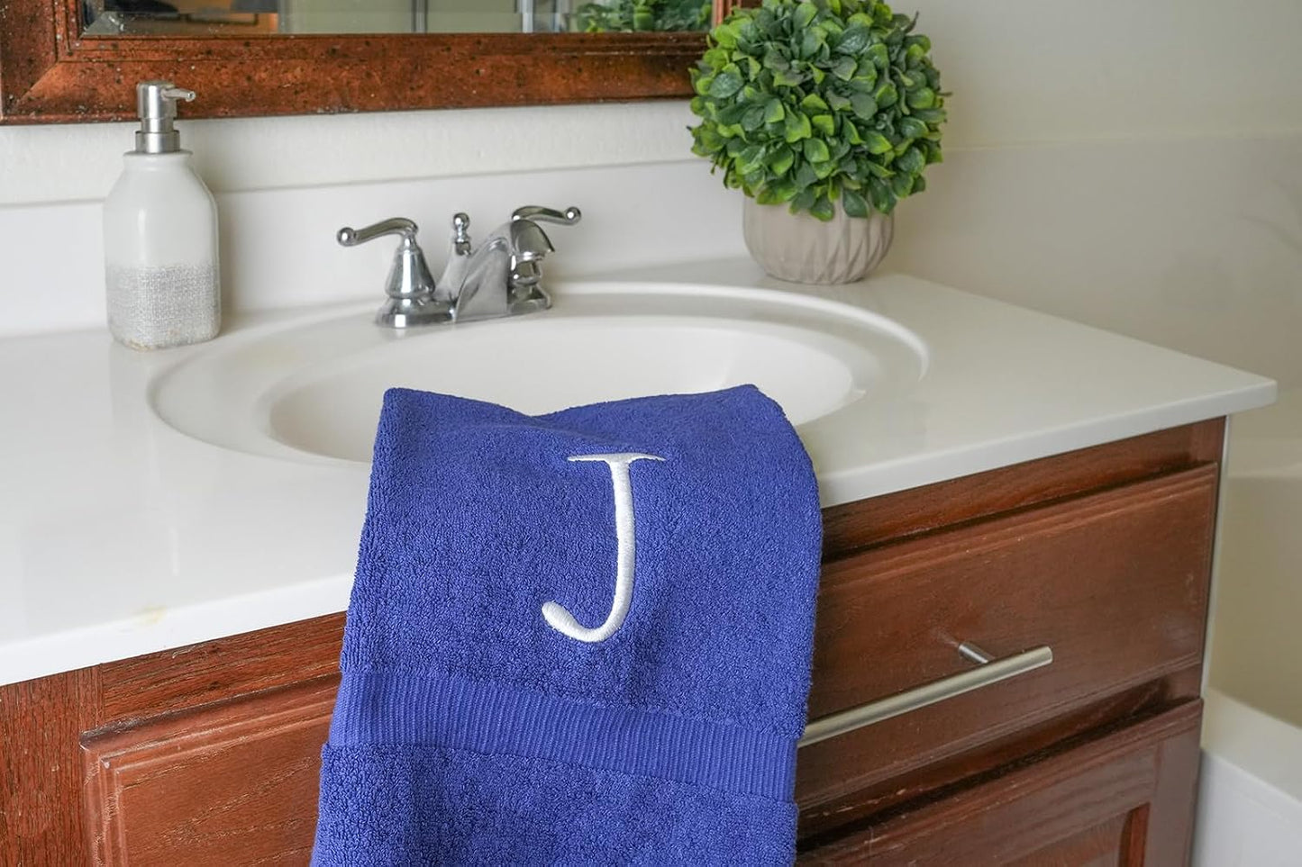Navy with White Monogrammed Hand Towels for Bathroom - Set of 2 Letter J | Luxury Hotel Quality Initial Towels For