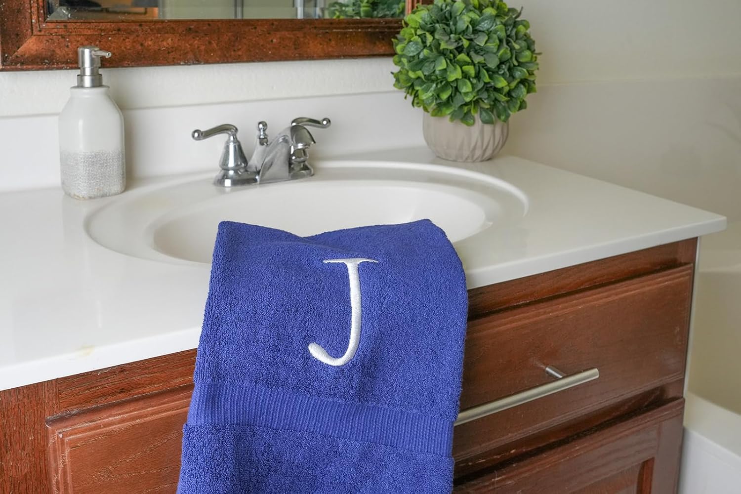 Navy with White Monogrammed Hand Towels for Bathroom - Set of 2 Letter J | Luxury Hotel Quality Initial Towels For