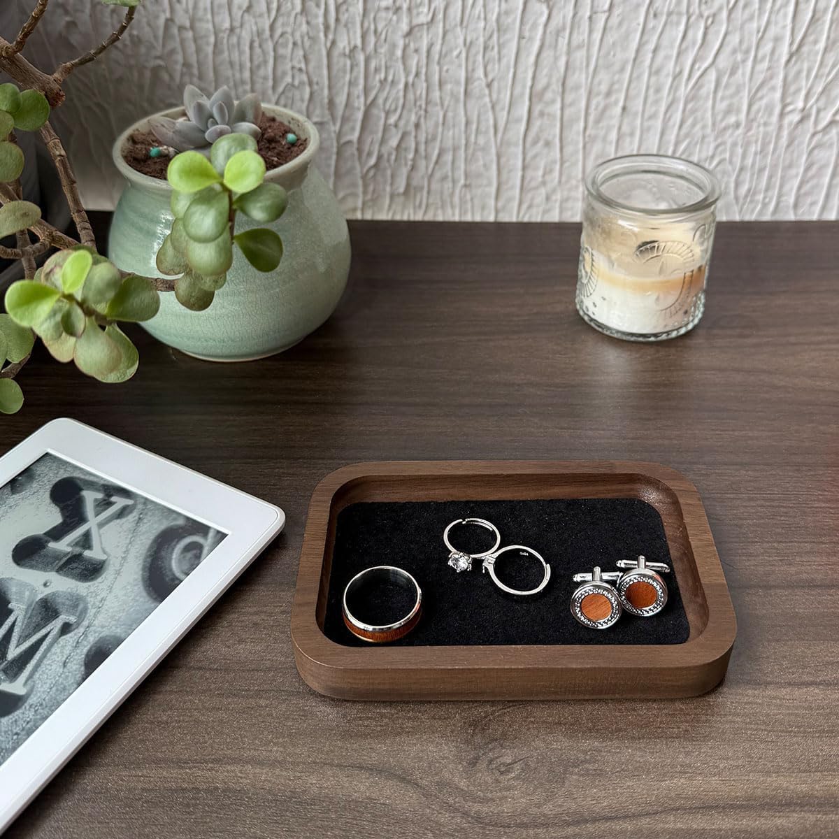 Walnut Solid Wood Square Jewelry Display Valet Tray Dish for Elegant / Black / 3.5 x 5.5