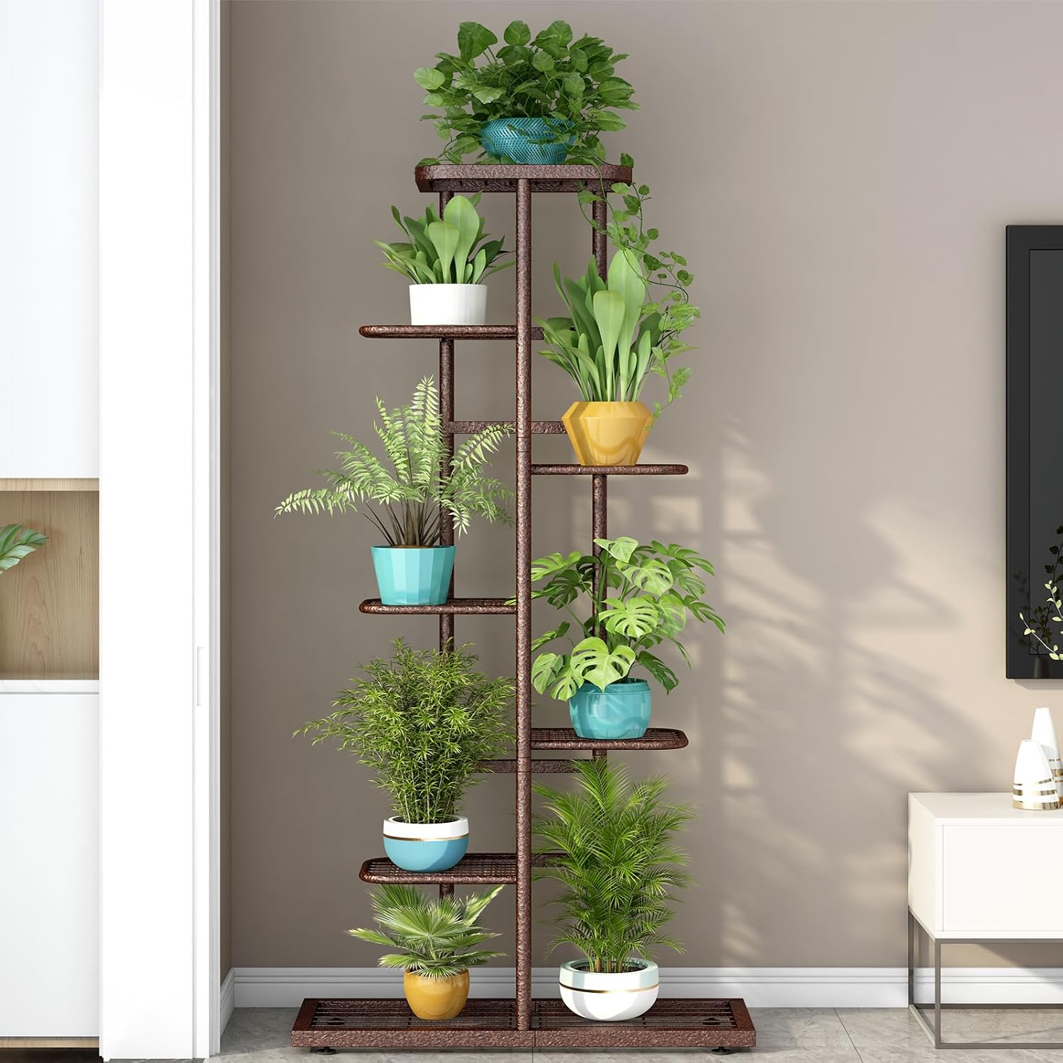 LINZINAR 7 Tier Plant Stand Indoor Outdoor Metal Flower Pot Display Shelf | Space Saving,8 Potted Multiple Flower Pot