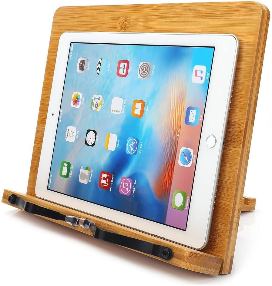 wishacc Bamboo Book Stand, Adjustable Book Holder Tray and Page Paper Clips-Cookbook Reading Desk Portable Stable