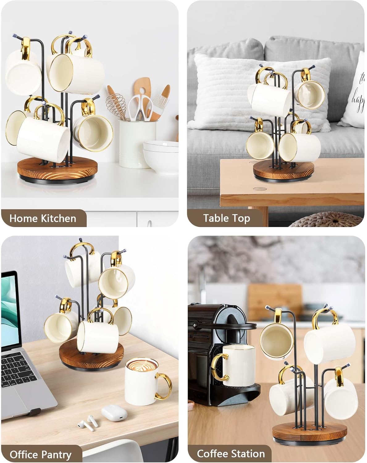 HULISEN 360° Rotating Mug Tree, Coffee Mug Holder for Large Cups, 6 Hooks | Cup Holder for Countertop, Stable Wooden
