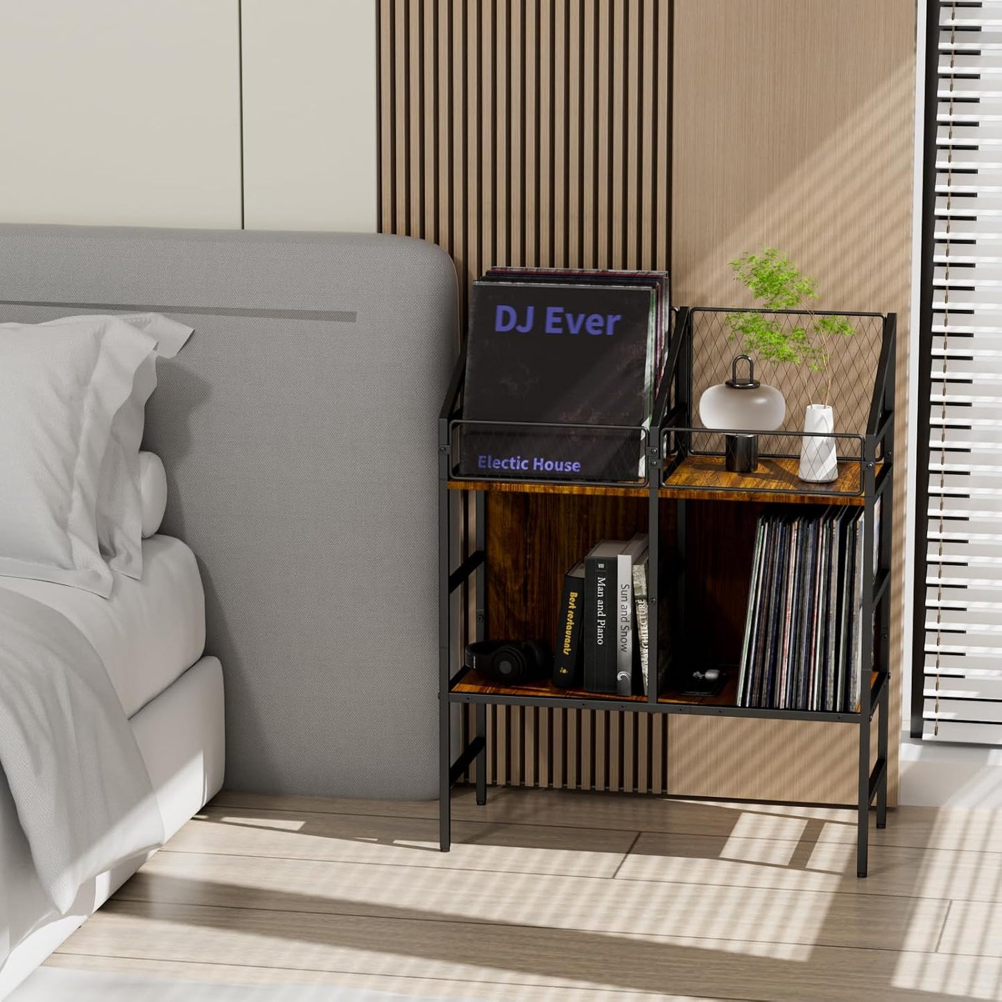 EYOCAL Vinyl Record Holder Storage Rack,200 LP Wooden Record Display Table for Albums Books Magazines Files for Living