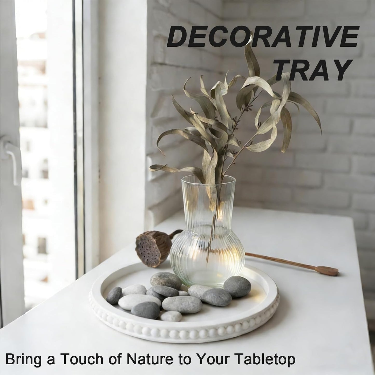 Round Wooden Tray for Decor / White