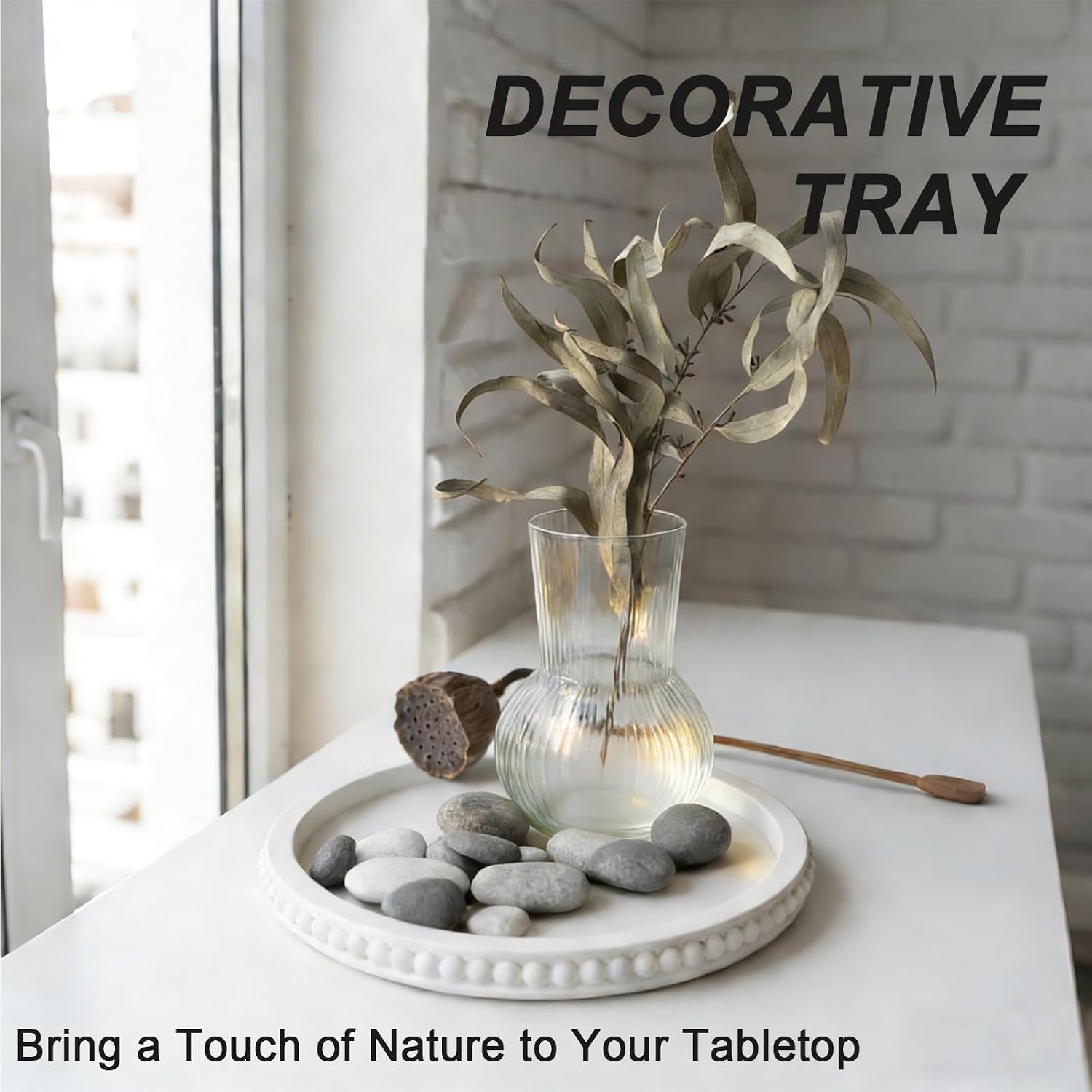 Round Wooden Tray for Decor / White