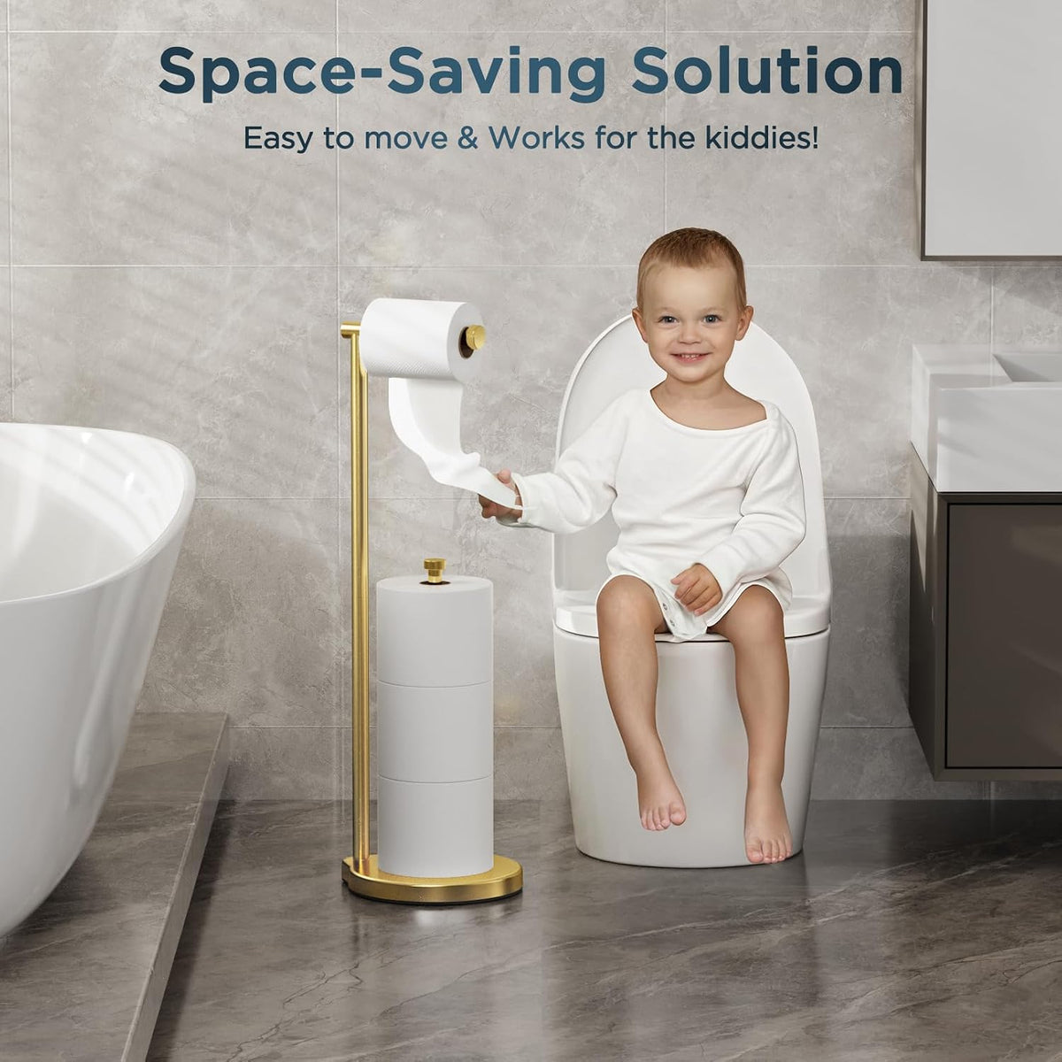 theaoo Heavy-Duty Toilet Paper Holder Stand, Bathroom Storage, Gold | Freestanding Toilet Tissue Paper Roll Holder with