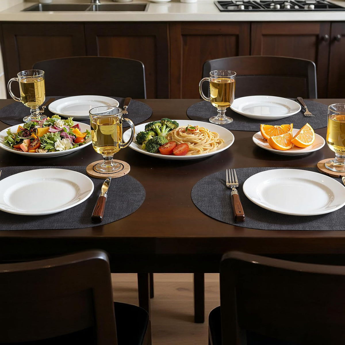 Placemats Set of 6, 11.8 x 17 Inch, Dark Grey | Heat Resistant Oval Faux Leather Place Mats, Waterproof Wipeable