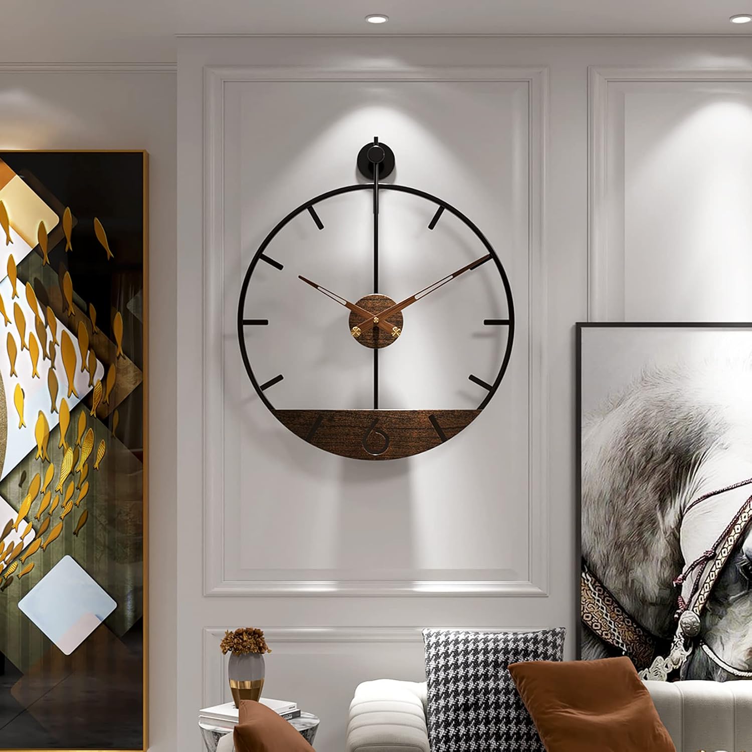 Modern Wood Walnut Dial Wall Clock, Large Simple Wall Decor Metal Frame Silent Non Ticking Clock for Living Room Decor