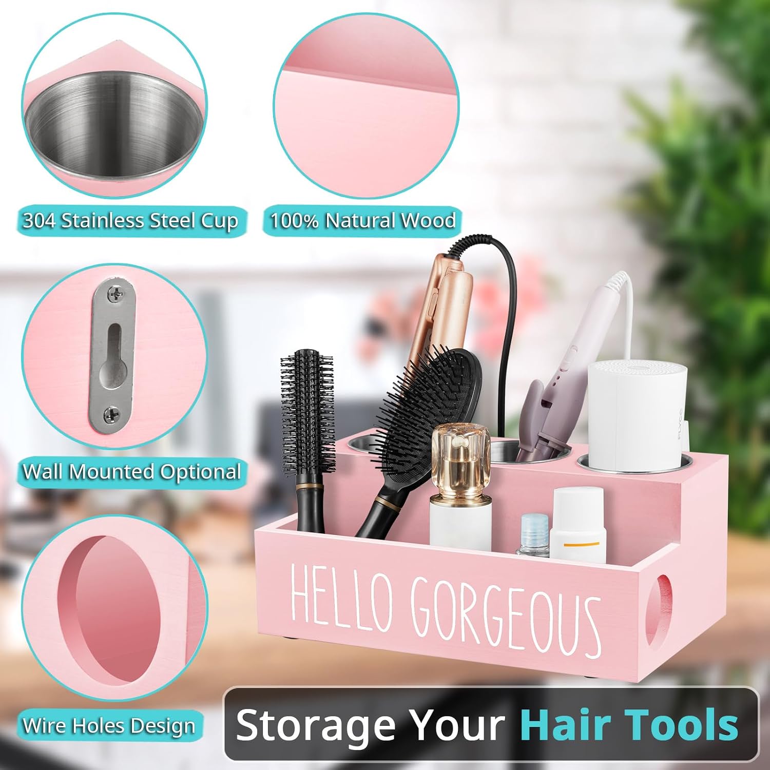 Bivvclaz Hair Tool Organizer, Wooden Hair Dryer Holder Countertop, Wall Mount Hot Tools Organizer for Hair Styling