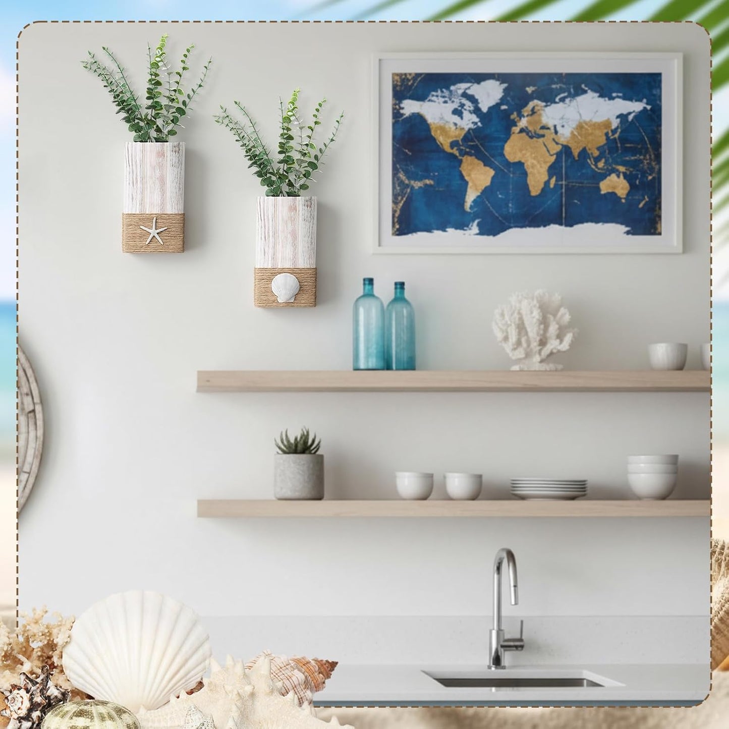 Beach Rustic Wood Wall Planter Vase Beach Room Decor Nautical Coastal / Seashell / White / Set of 2