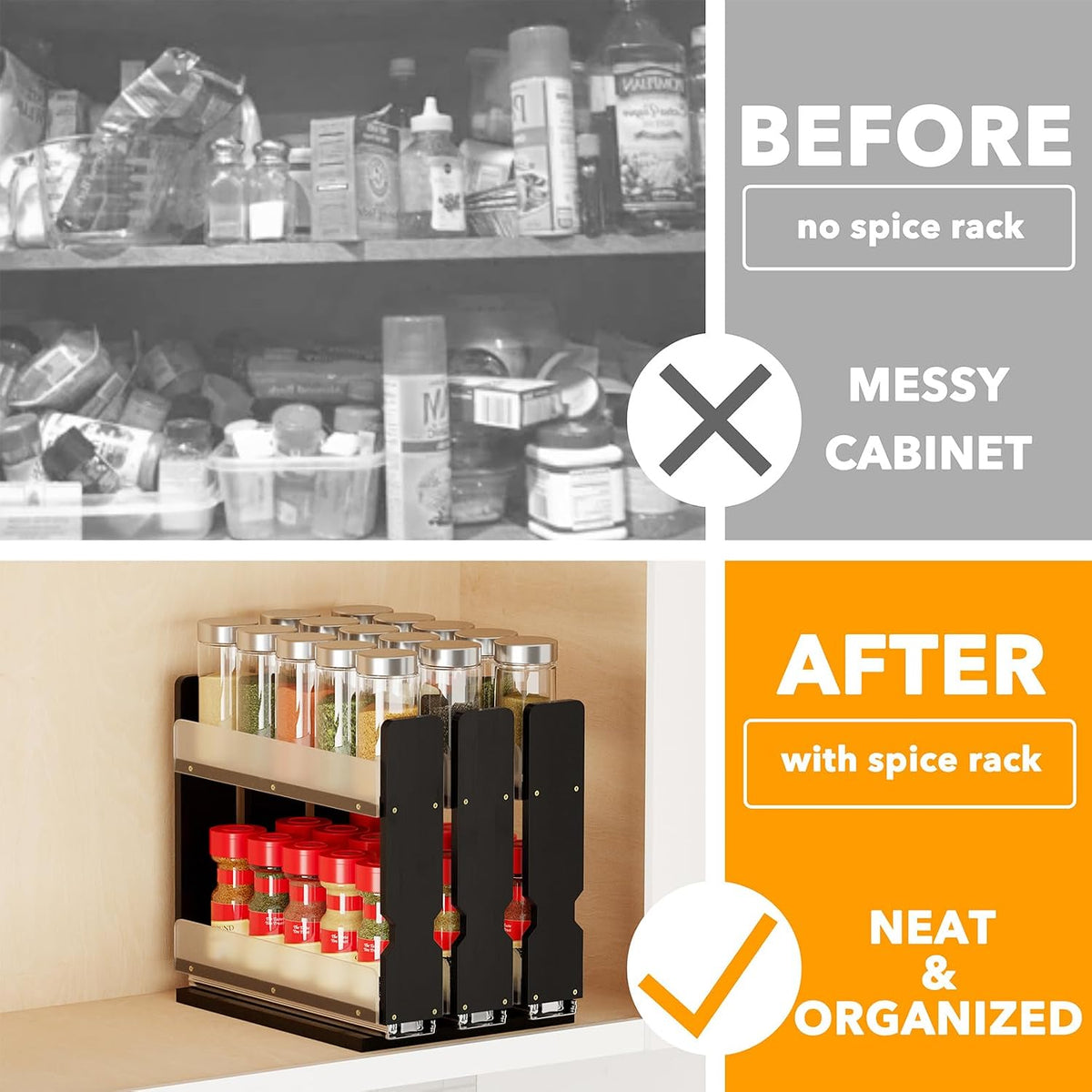 SpaceAid Bamboo Pull Out Spice Rack Organizer for Cabinet, Heavy Duty Slide Out Seasoning Kitchen Pantry Sliding