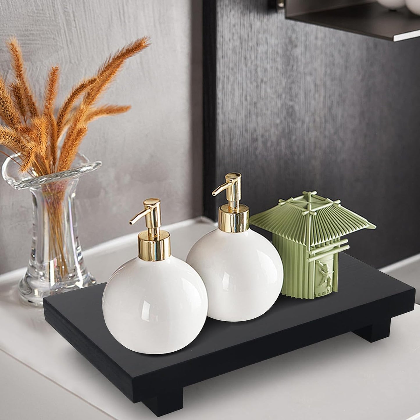 Wooden Bathroom Tray Decorative Kitchen Countertop Trays Farmhouse Wood Riser / 10 x 6 x 1.6 / Black