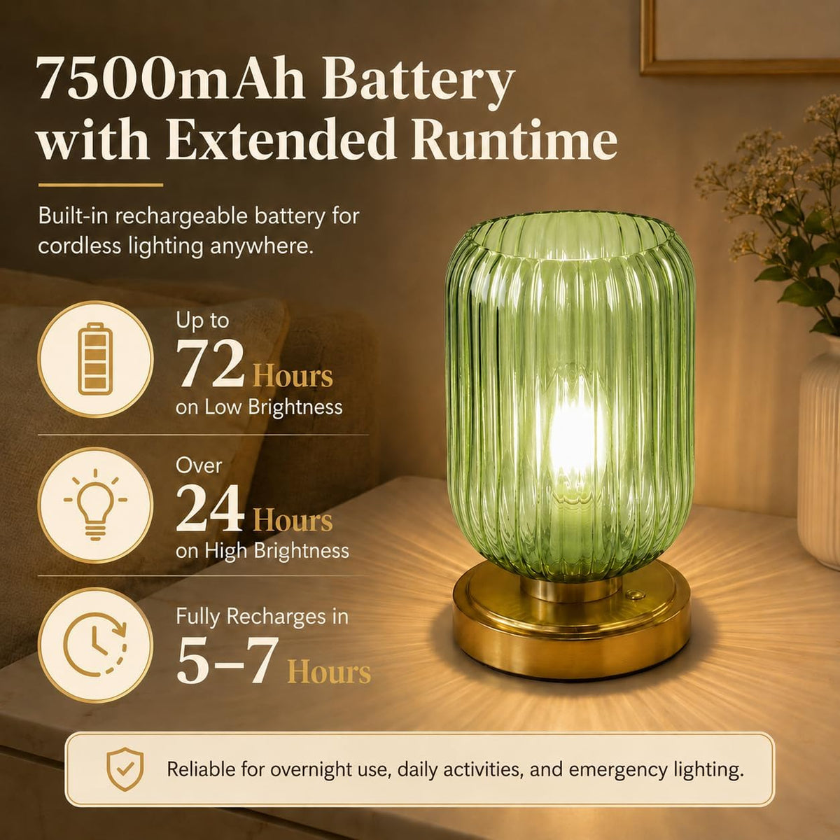 Cordless Glass Table Lamp, 3 Color Modes & Stepless Dimming, Green | 7500mAh Rechargeable Battery Powered LED Desk