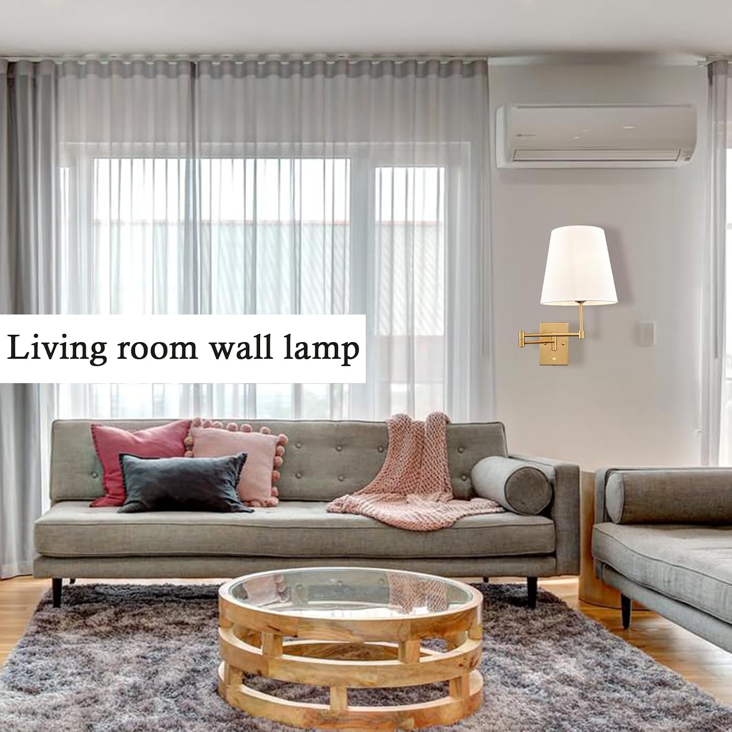 HYDELITE Gold Swing Arm Wall Lamp Brass Wall Sconces with Linen Shade | Plug-in or Hardwired Wall Light Fixtures