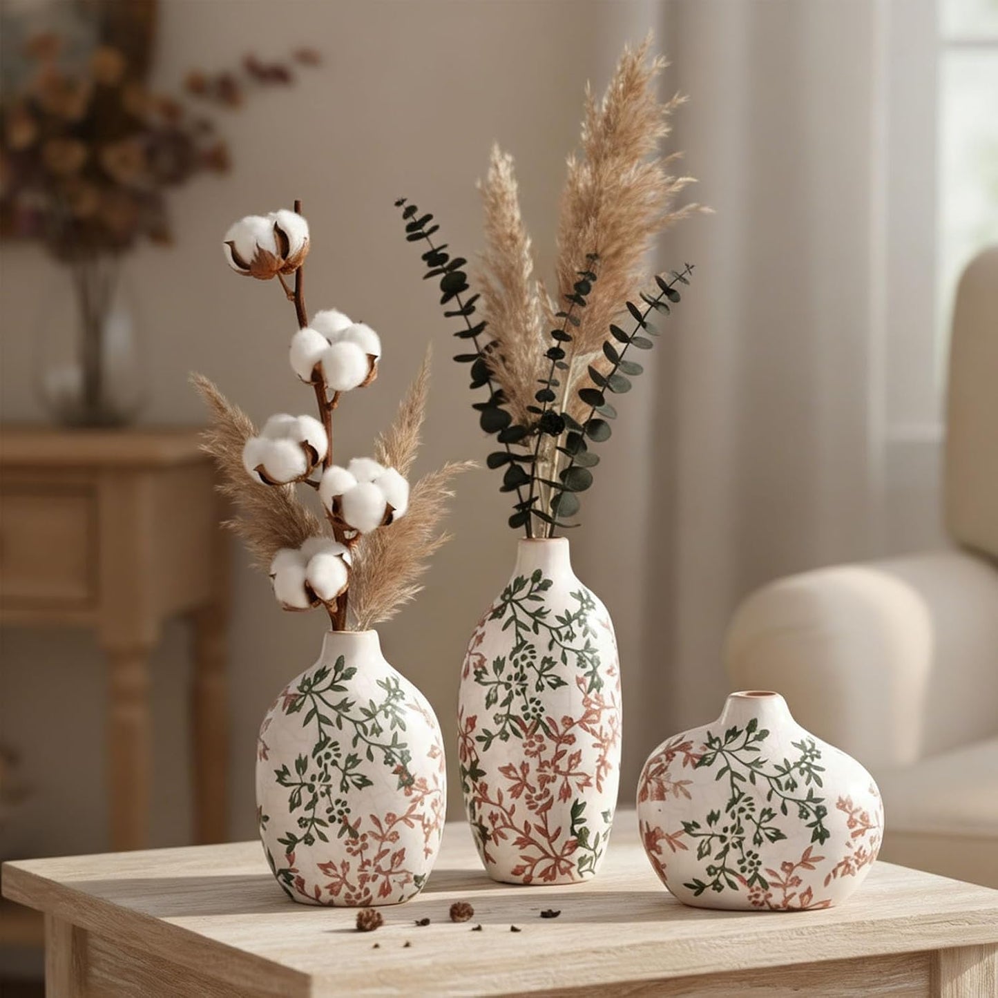 Small Ceramic Vase / Green Floral / Set of 3