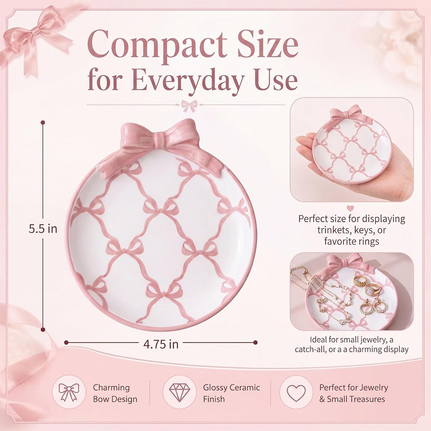 Bow Ceramic Jewelry Tray Coquette Ring Holder Trinket Dish for Rings Earrings Necklaces Bow / Pink