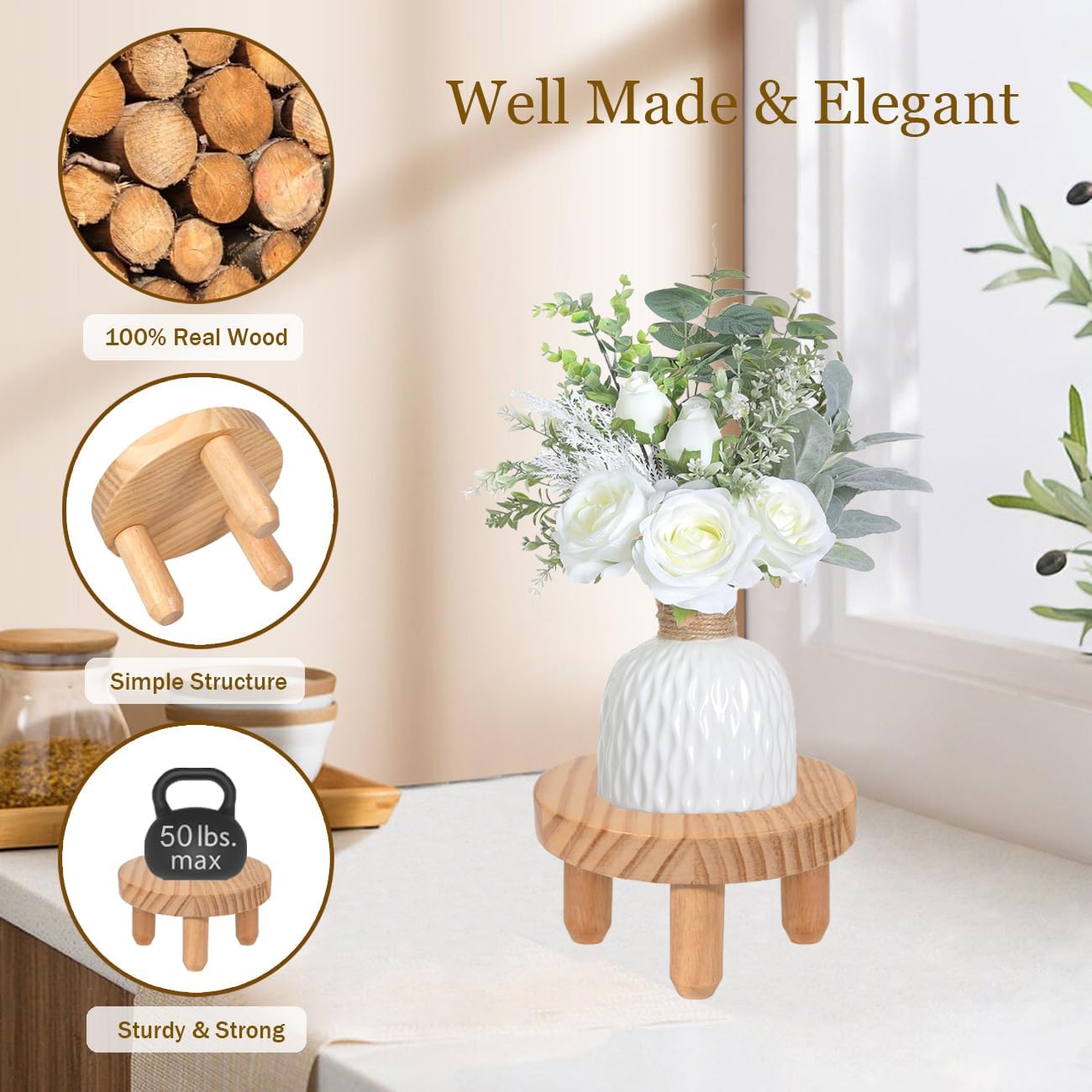 Decorative Round Wood Desktop Plant Stand Mid Century Kitchen Counter Pedestal Stand / Natural