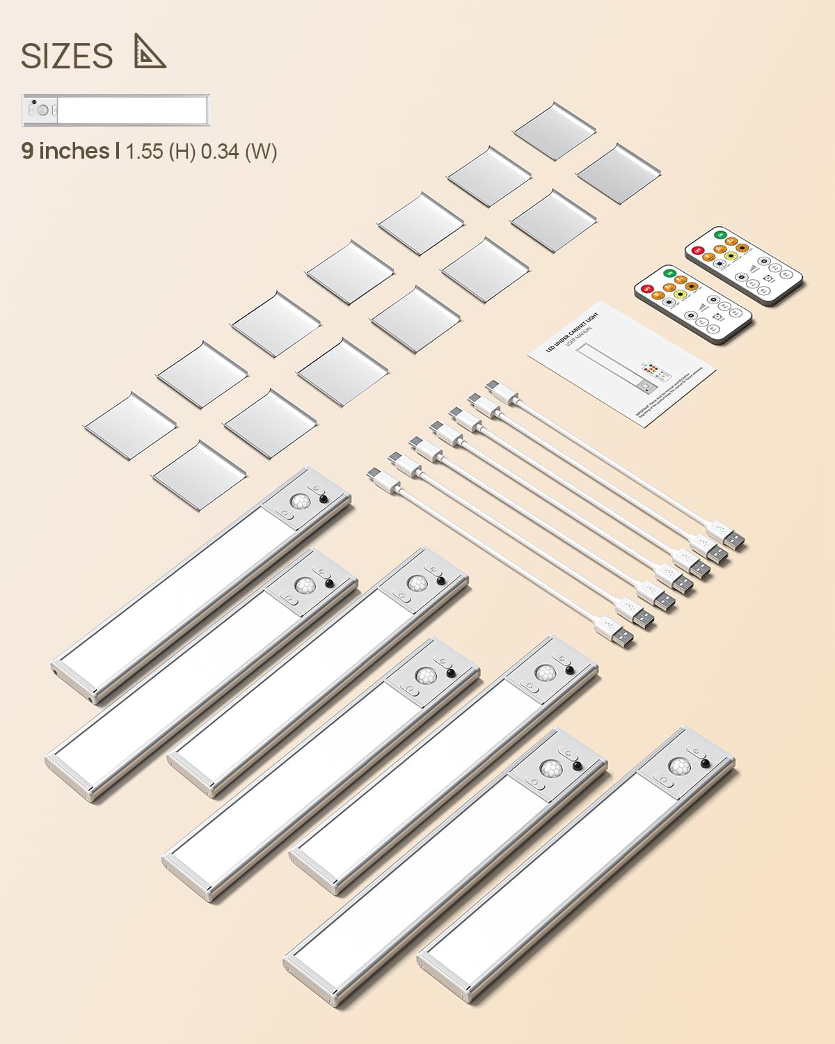 9inch Under Cabinet Lighting Wireless, Rechargeable Motion Sensor Indoor Light, 3 Color Temps & Dimmable Closet Lights