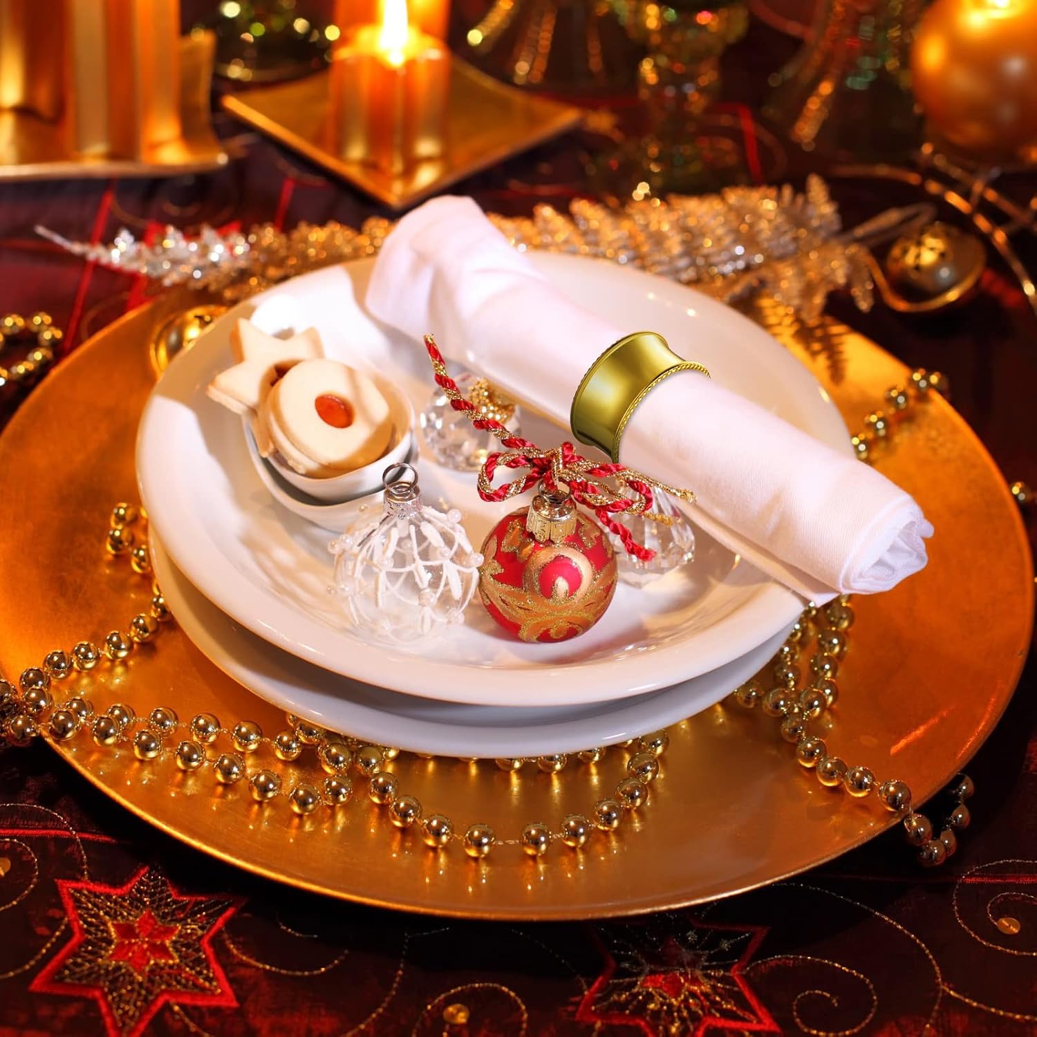 Hotop 48 Pcs Gold Metal Napkin Rings Metal Beaded Edge Napkin Holder Rings | Beaded Holders for Holiday Receptions