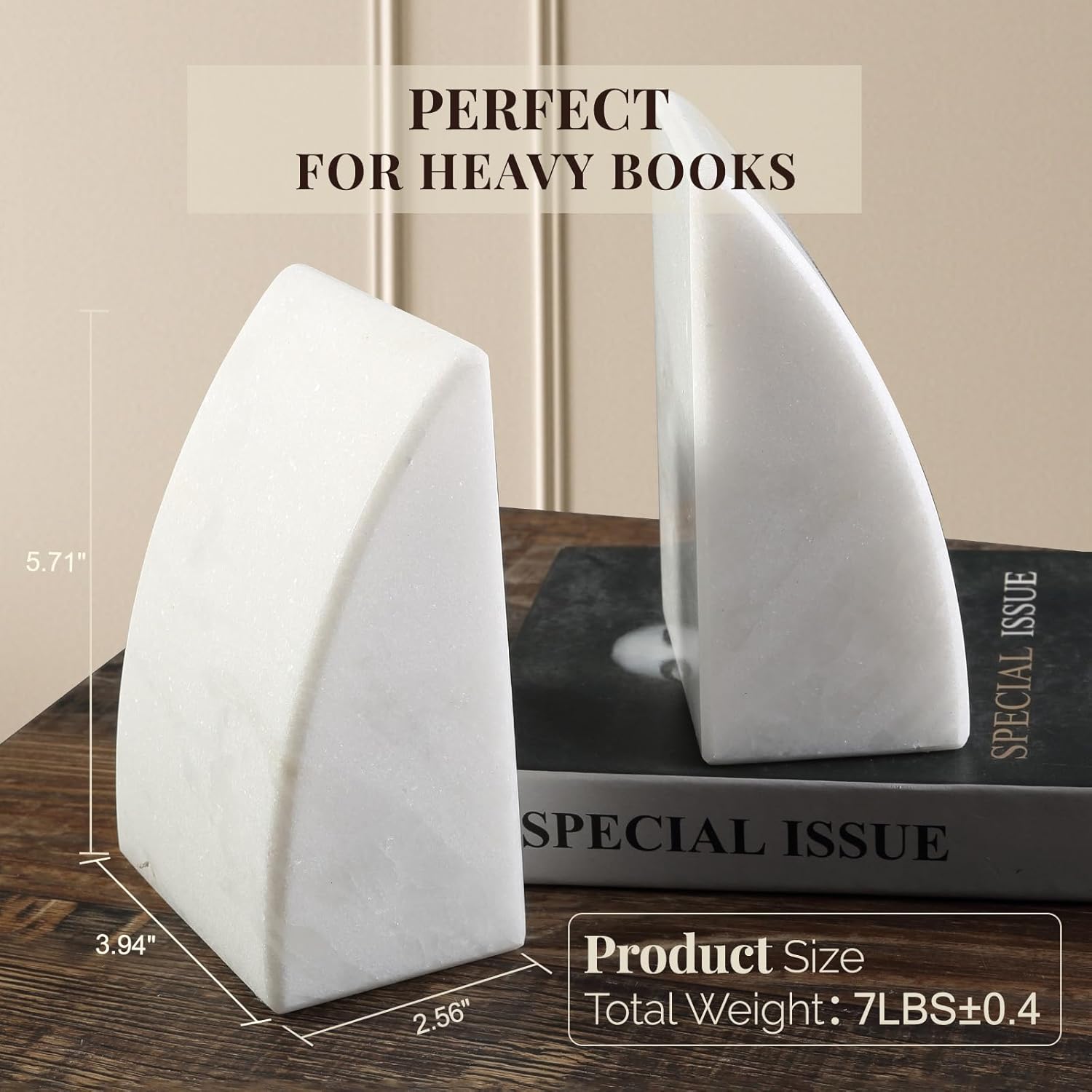Marble Bookends / Large Bookends for Heavy Books / Sail-white