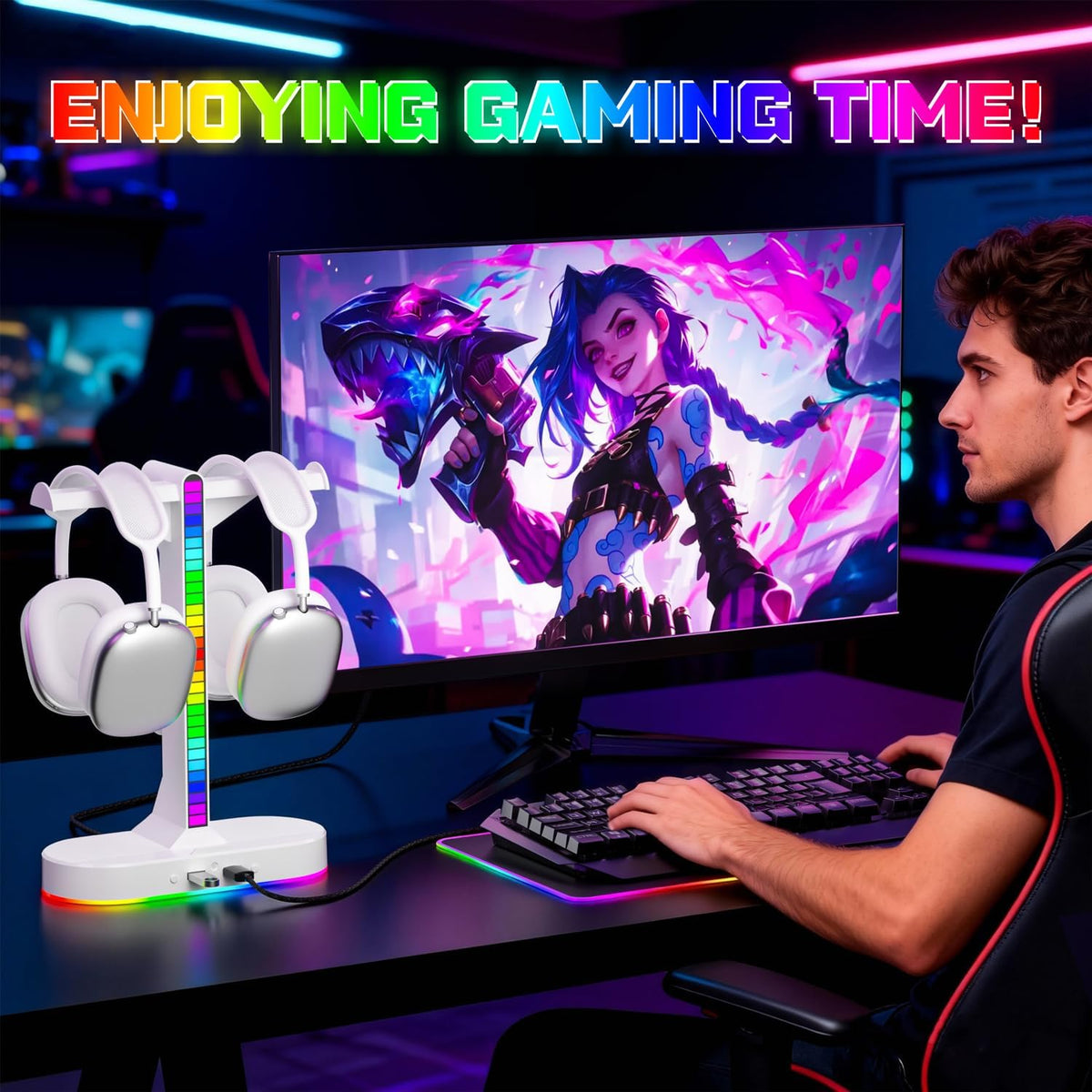 Cool RGB Headphone Stand with Charging Station - Sleek Dual Headset Holder, 3 USB Ports & 3.5mm Audio, 8 Light Modes