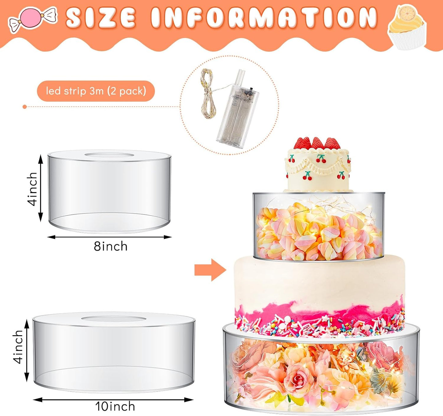 Sunnyray 2 Pcs Acrylic Cake Stands for Dessert Table Clear Fillable Cake Riser Cupcake Tier with LED Strings for