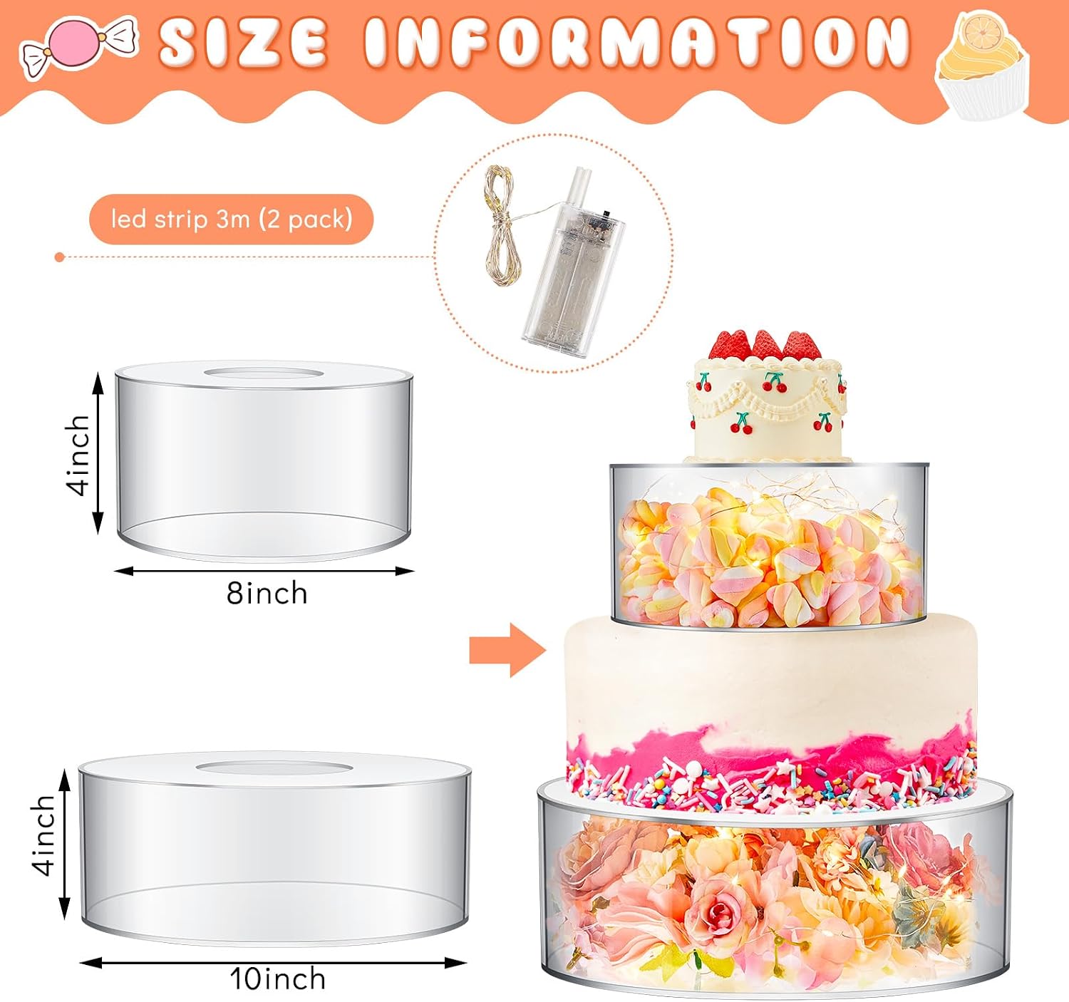 Sunnyray 2 Pcs Acrylic Cake Stands for Dessert Table Clear Fillable Cake Riser Cupcake Tier with LED Strings for