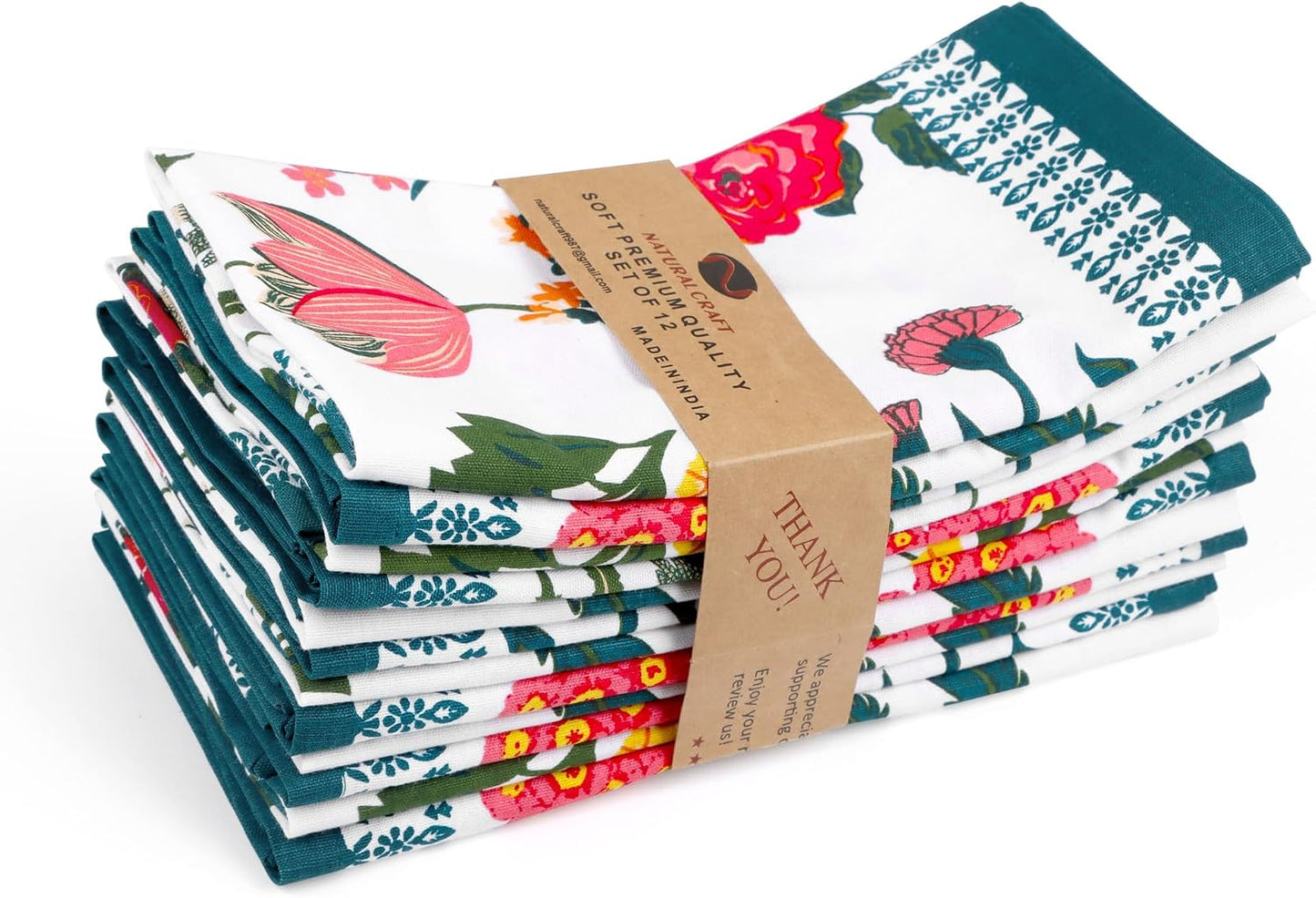 NATURALCRAFT Cloth Napkins Set of 12 Cotton Linen Flower Garden | 20x20 inch Washable Reusable Fabric Soft Durable