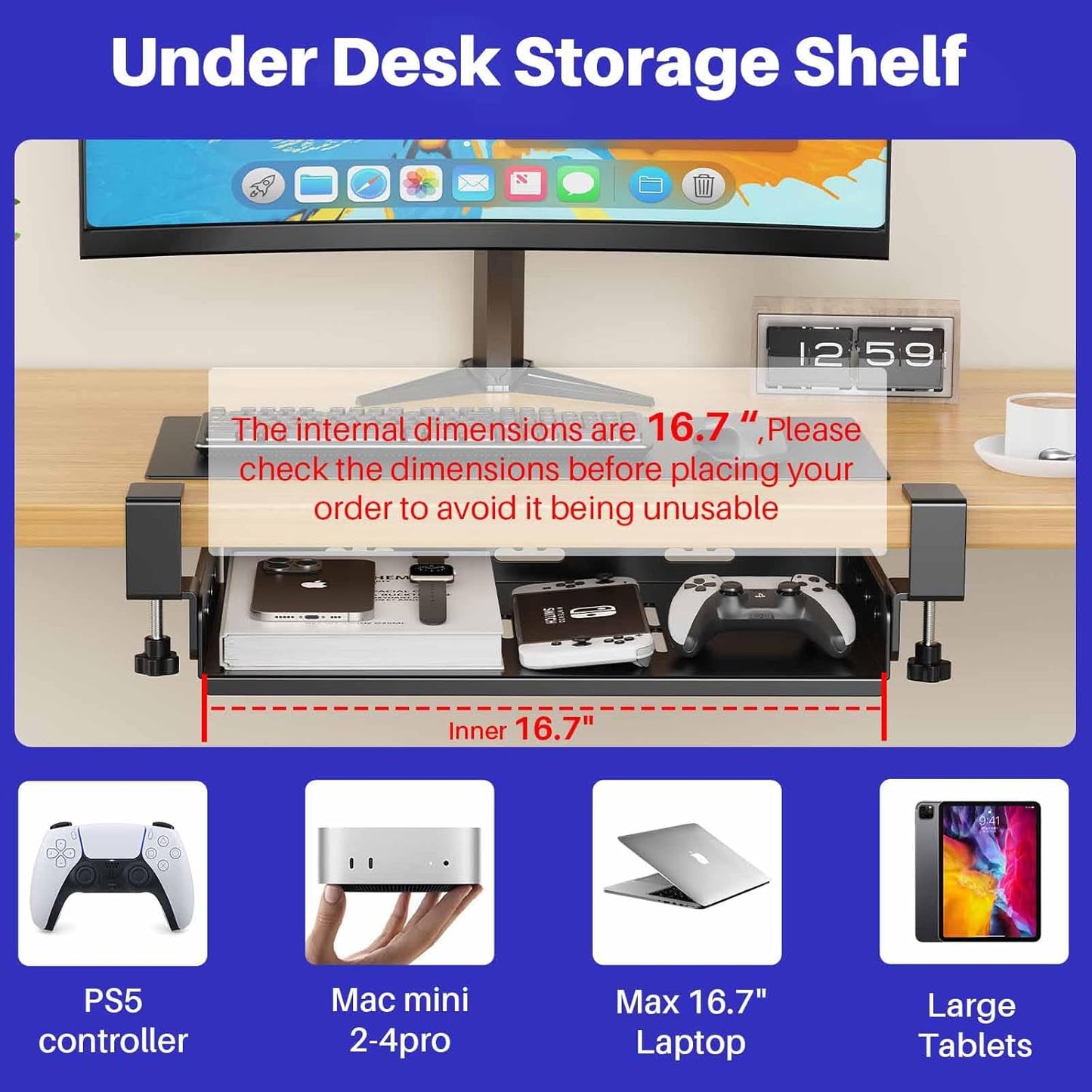 BYMECOST No Drill Under Desk Laptop Mount, Metal Under Desk Storage Shelf | Laptop Storage Tray for Macbook, Mac Mini