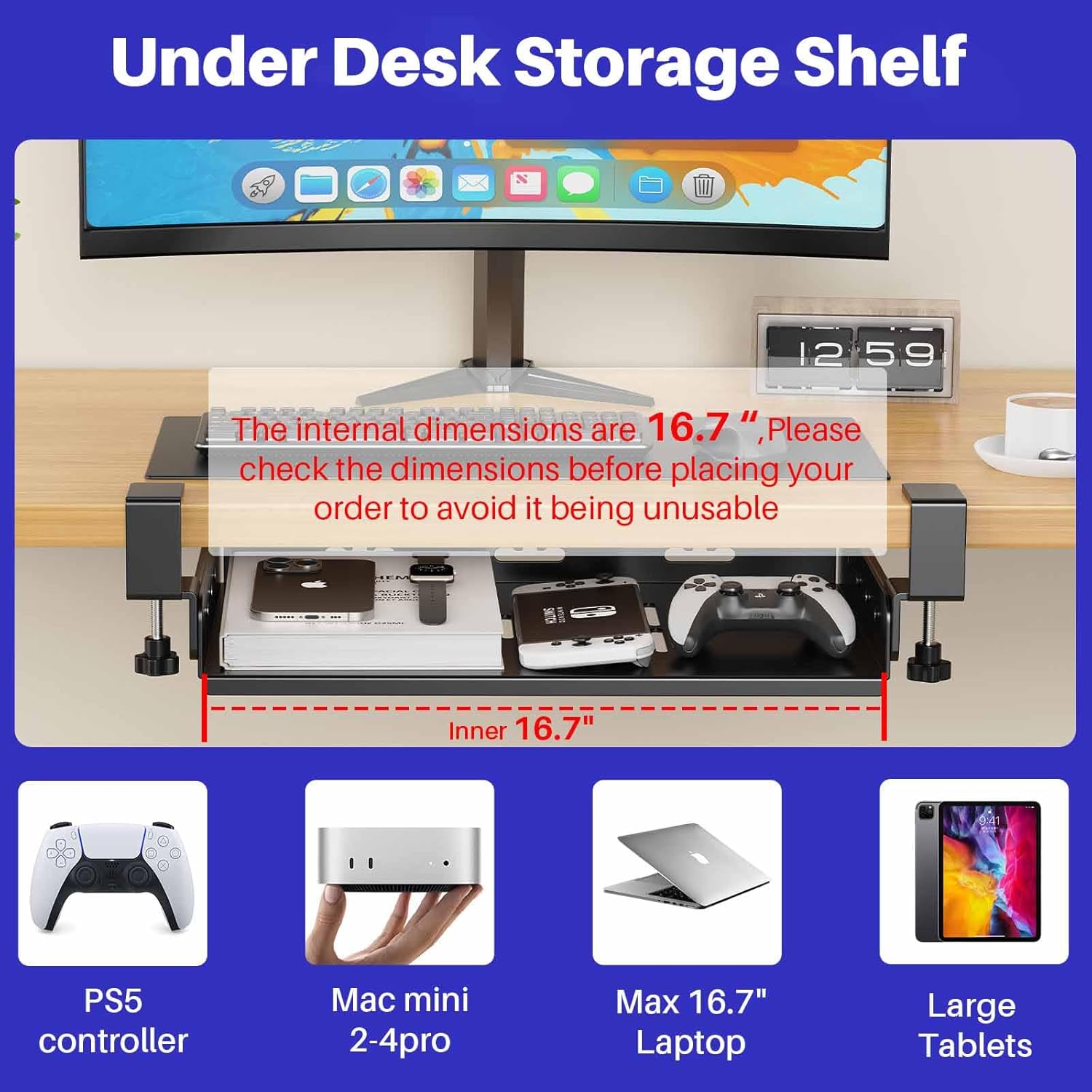 BYMECOST No Drill Under Desk Laptop Mount, Metal Under Desk Storage Shelf | Laptop Storage Tray for Macbook, Mac Mini