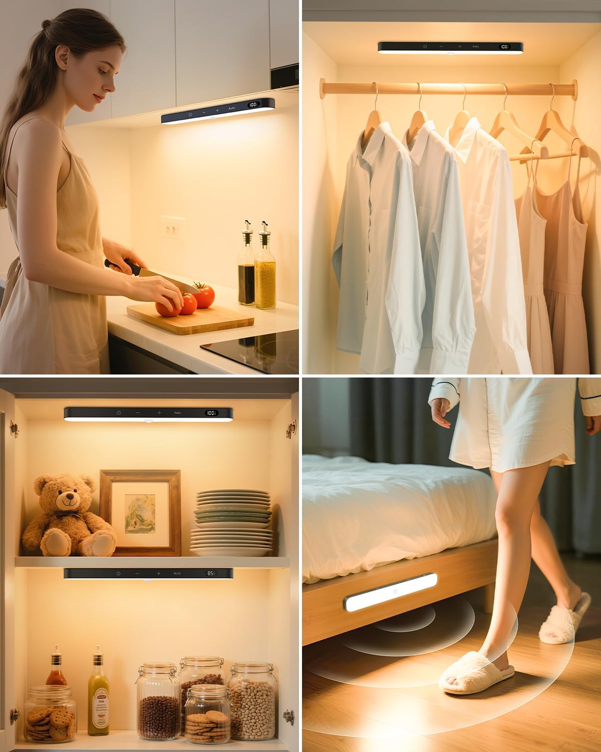 Ferswe Closet Lights Rechargeable, Battery Level Display, Dimmable Battery Powered Lights, 3000K Motion Sensor Light