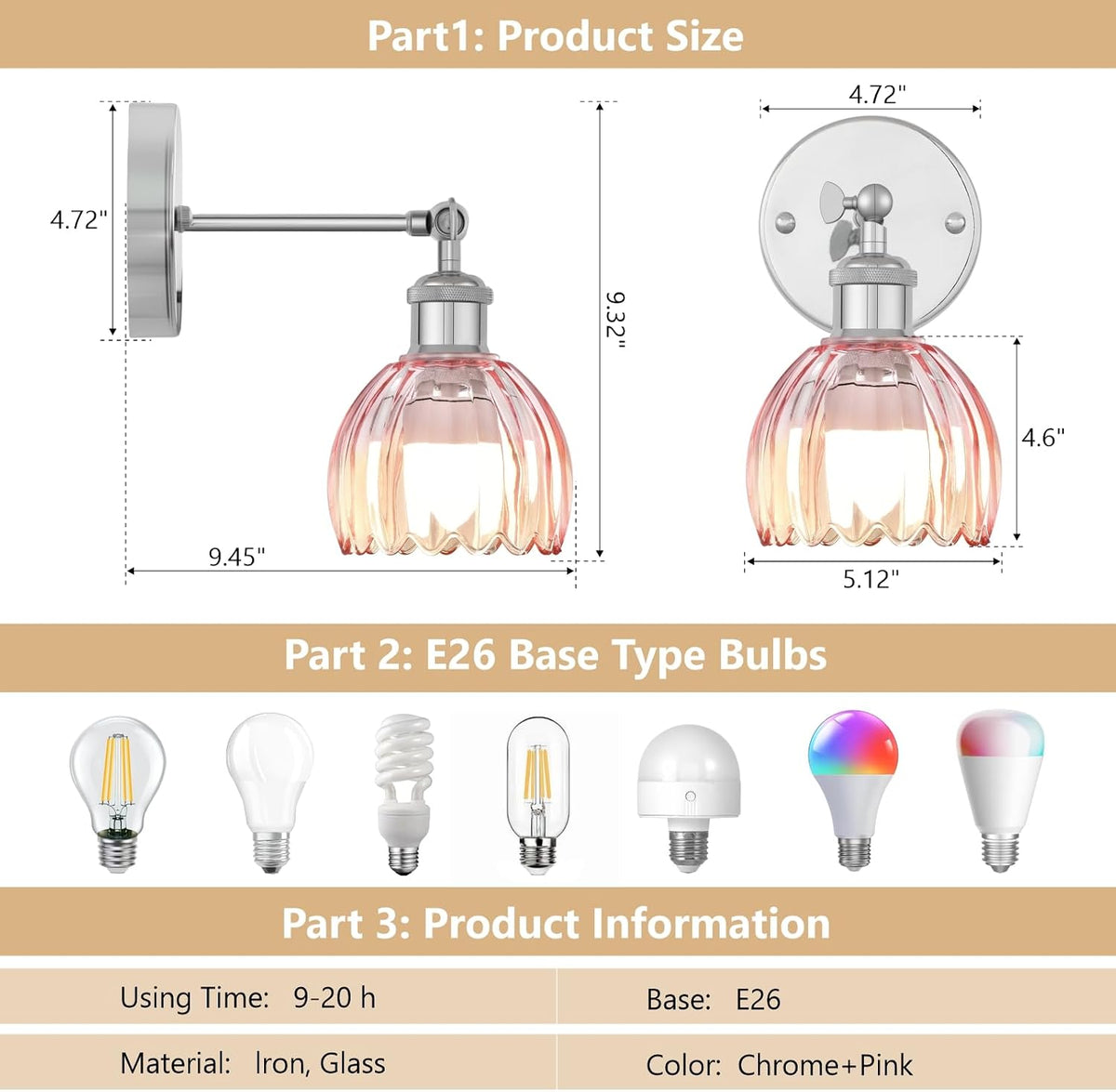 Vintage Battery Operated Wall Sconce, Pink Tulip Glass Lampshade Wireless Rechargeable Battery Powered LED Wall Light