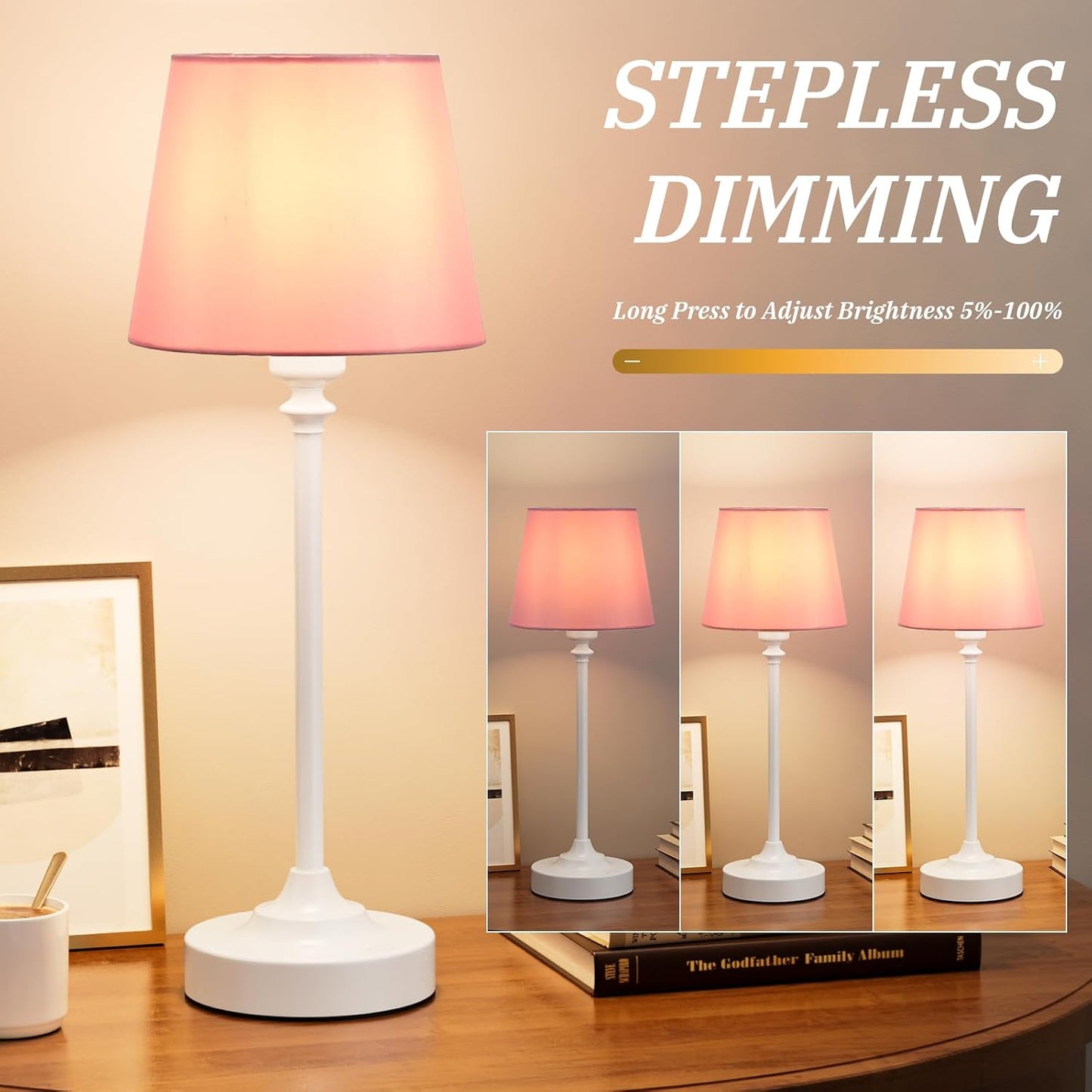 Cordless Table Lamps Rechargeable Set - 2 Pack White 4000mAH Battery Operated Lamps for Decor, 3000K Stepless Dimming