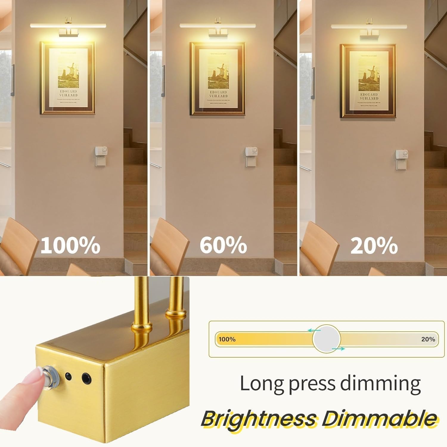 Wireless Picture Light Rechargeable, 16", Brass | 2 Colors, 280LM Dimmable, 5000mAh Battery Operated Wall Light with