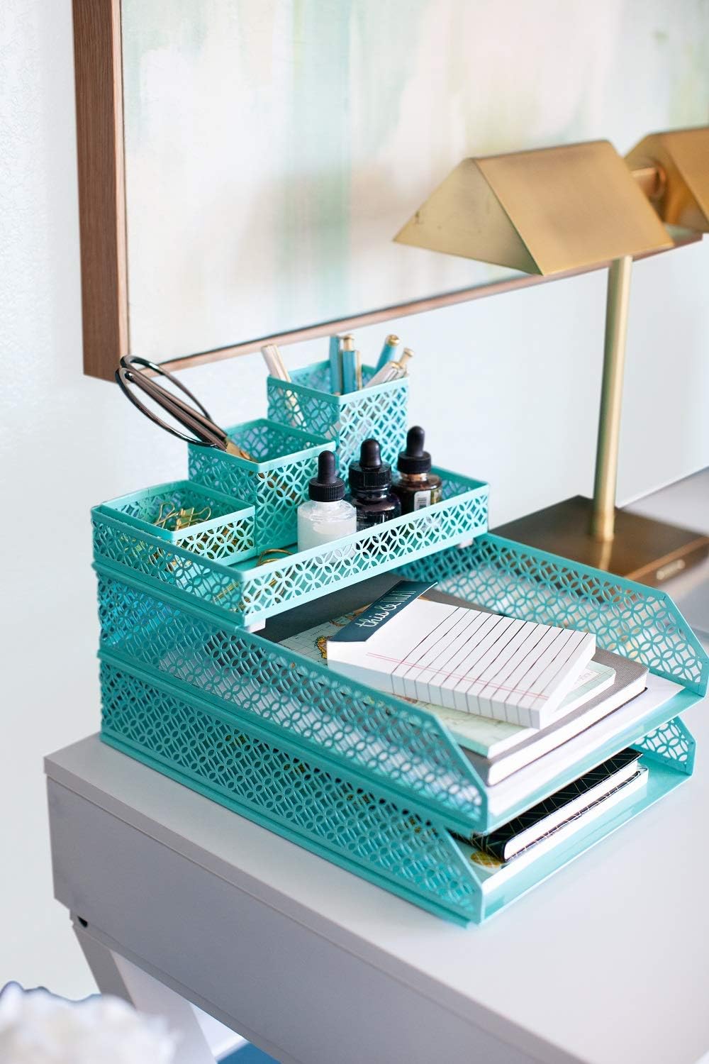 BLU MONACO | Aqua Desk Organizer Set for Women 6 Piece | Mail Sorter Organizer Countertop with Letter Sorter for Desk