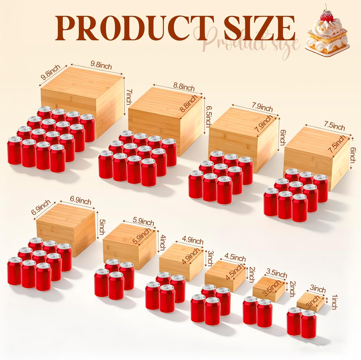 Bamboo Buffet Risers / 9.8'' 8.8'' 7.9'' 6.9'' 5.9'' 4.9'' 4'' 3 / Beige / Set of 10