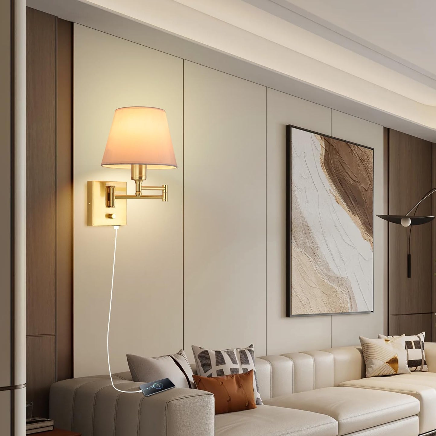 Bedside Wall Mount Light with Dimmable Switch, Swing Arm Fabric Shade Wall Sconce Light with USB Port and Plug in Cord