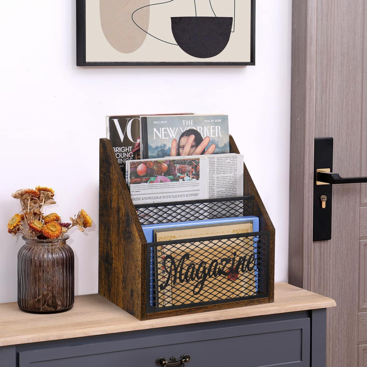YINMIT 3 Tier Magazine Rack, Stepped Magazine Holder Floor for Home Storage | 3 Tier Stepped Design, Wood and Metal