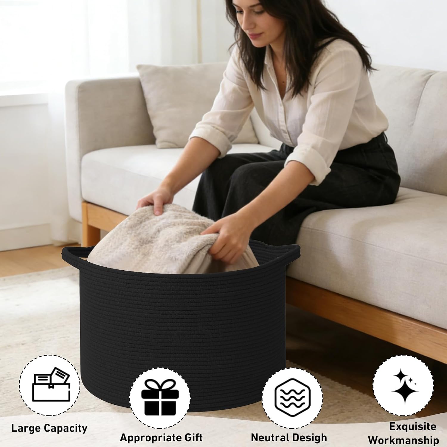 Woven Rope Laundry Basket Hamper / Black / 19.7"L x 19.7"W x 13"H