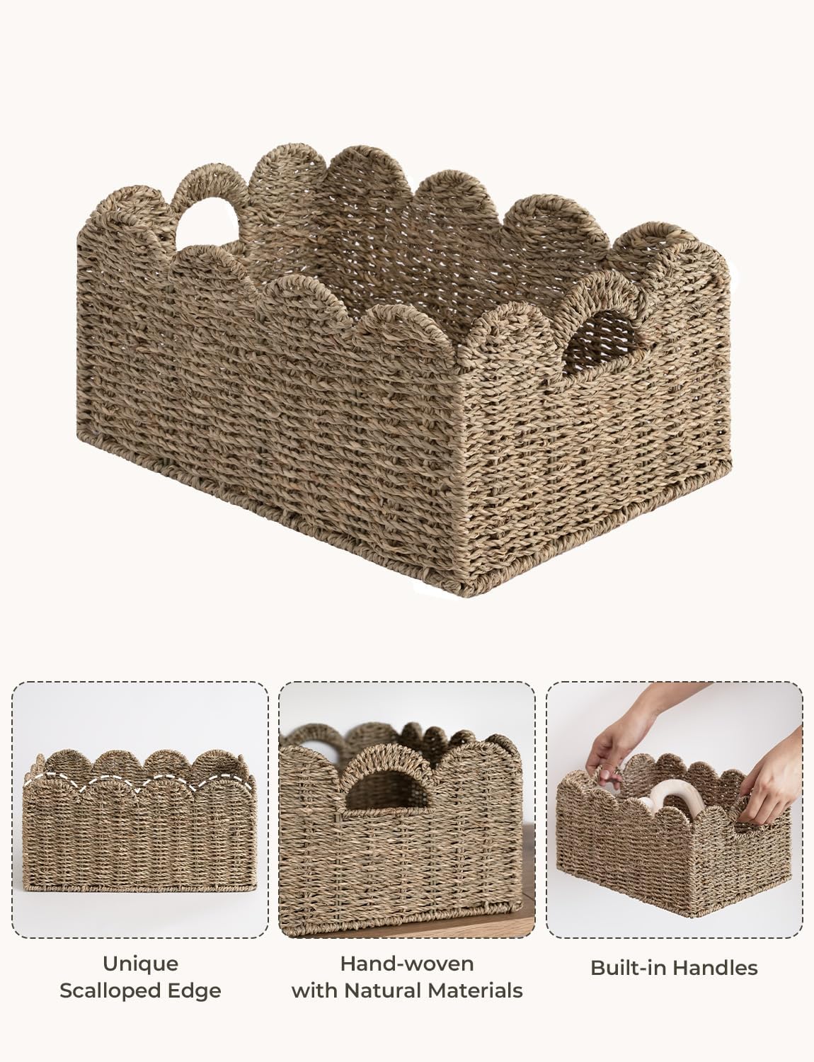 Rattan Baskets / Scalloped Wicker Basket / Natural / 15" L x 11" W x 7" H