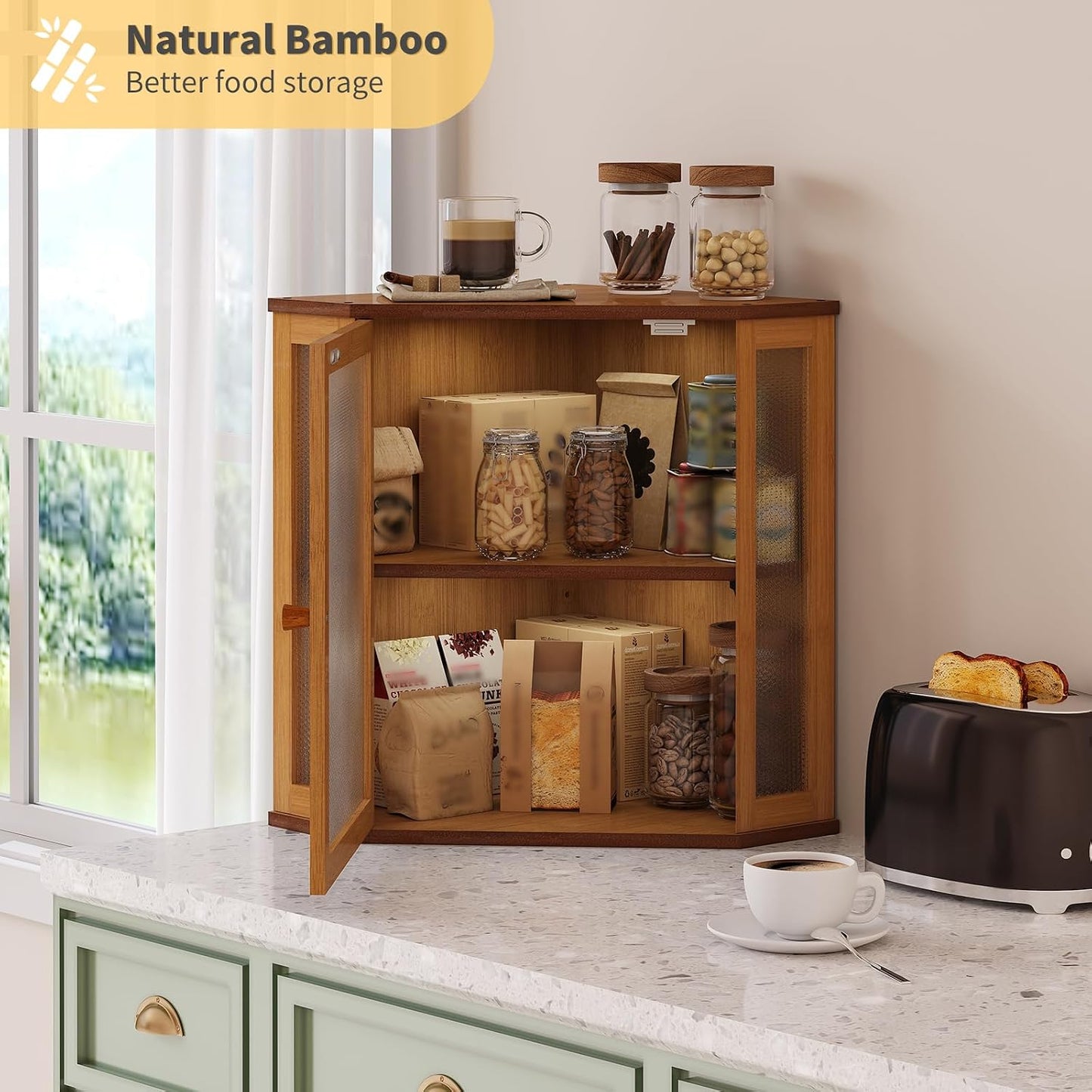 Corner Bread Box for Kitchen Countertop,Bread Storage for Homemade Bread, Double Layer Large Bamboo Kitchen Storage Bin