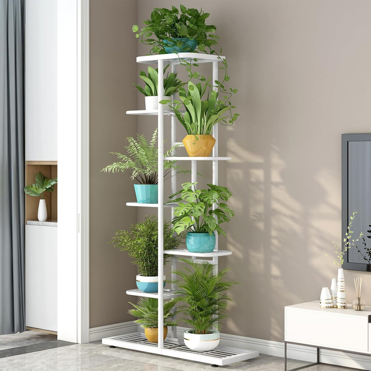 LINZINAR 7 Tier Plant Stand Indoor Outdoor Metal Flower Pot Display Shelf | Space Saving,8 Potted Multiple Flower Pot